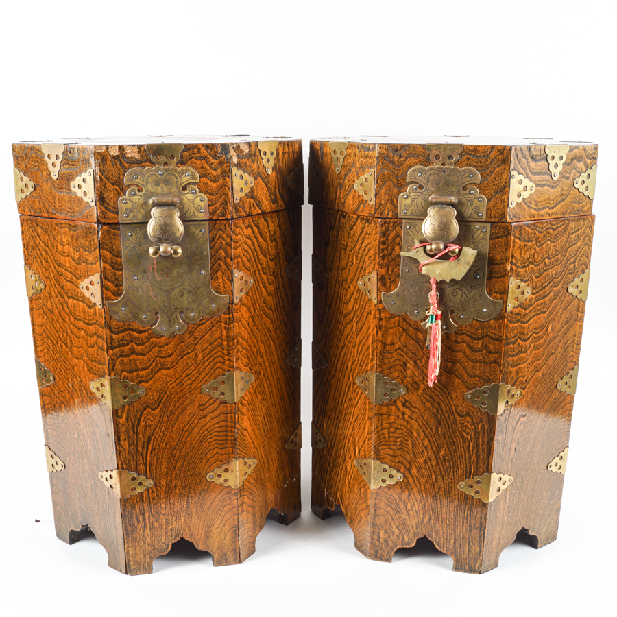 Vintage Octagonal Wood and Brass Korean Locking Hat Boxes