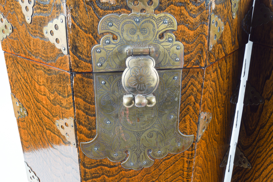 Vintage Octagonal Wood and Brass Korean Locking Hat Boxes