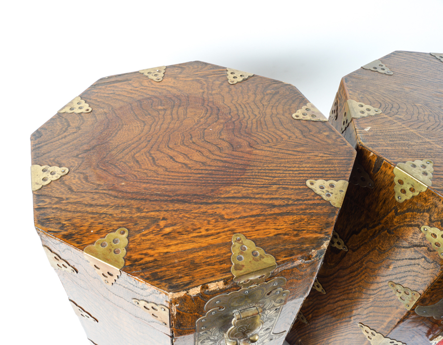 Vintage Octagonal Wood and Brass Korean Locking Hat Boxes
