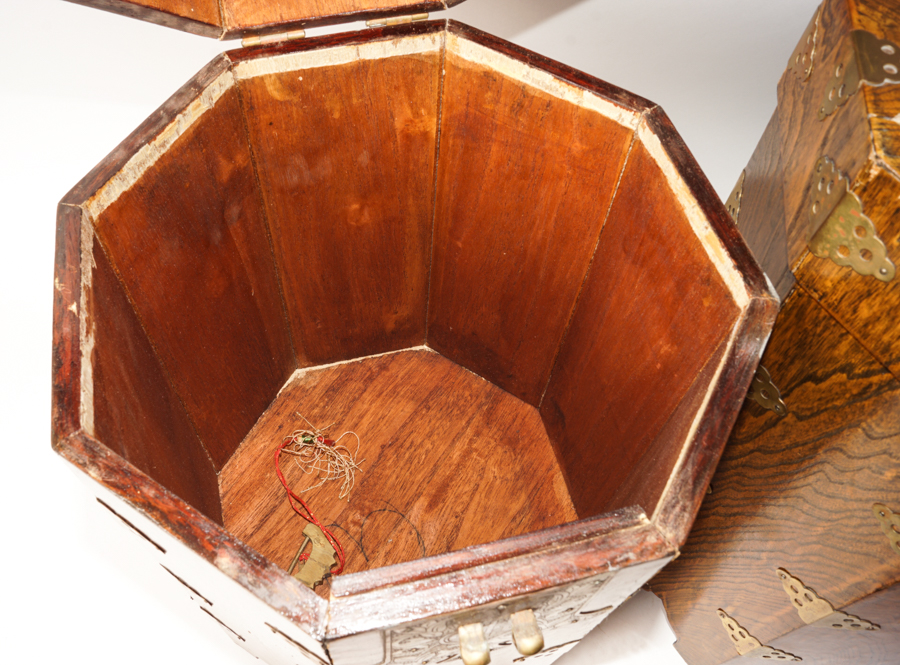 Vintage Octagonal Wood and Brass Korean Locking Hat Boxes