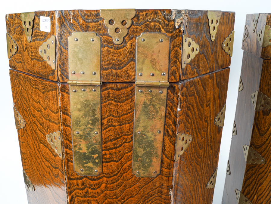 Vintage Octagonal Wood and Brass Korean Locking Hat Boxes