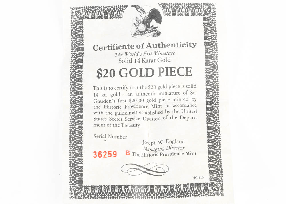 14K Miniature Replica Coin St. Gauden's $20