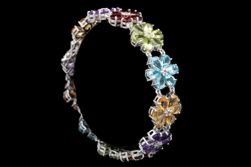 Sterling Silver and Multi Gemstone Flower Bracelet