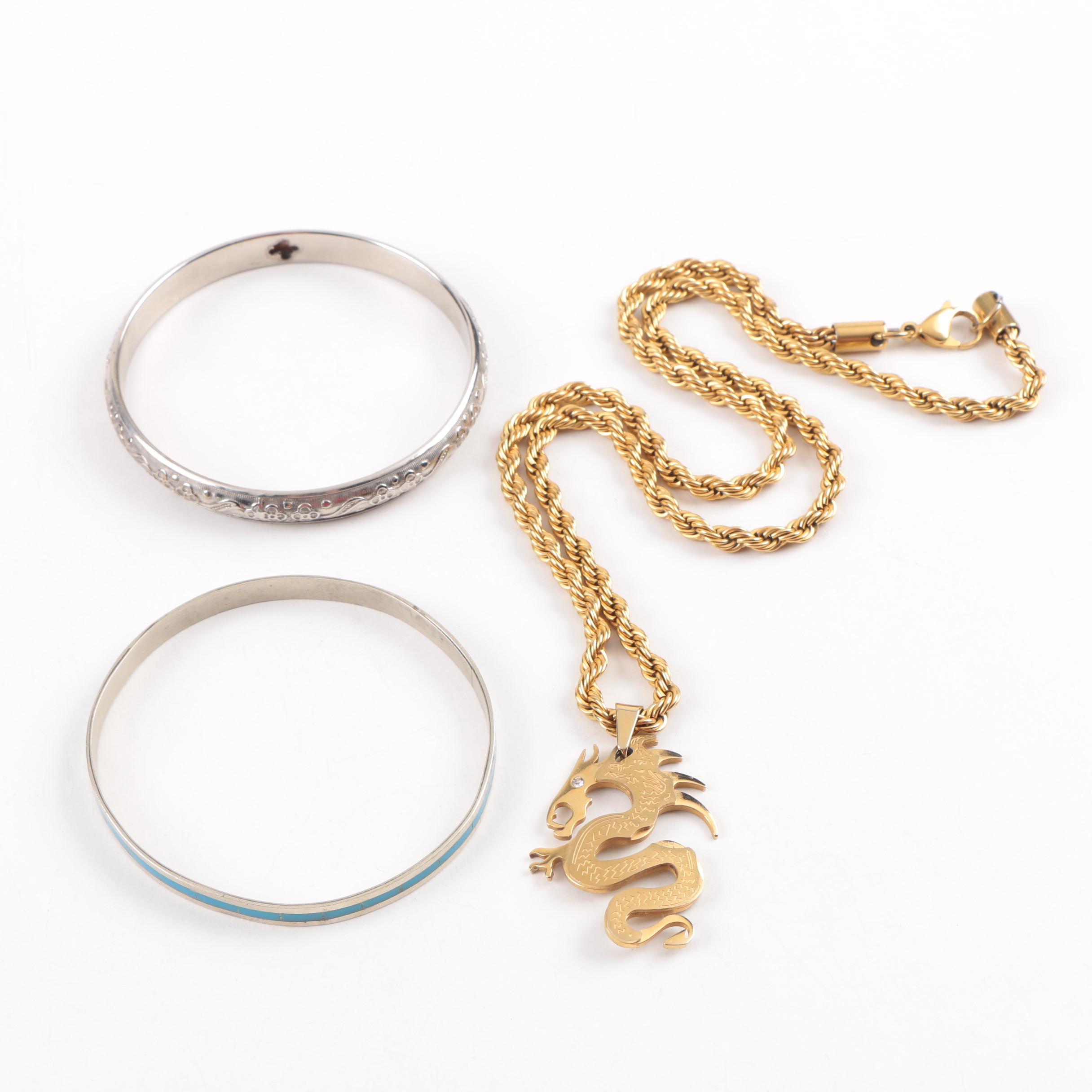 Gold Toned Stainless Steel Necklace and Two Silver Toned Bangles
