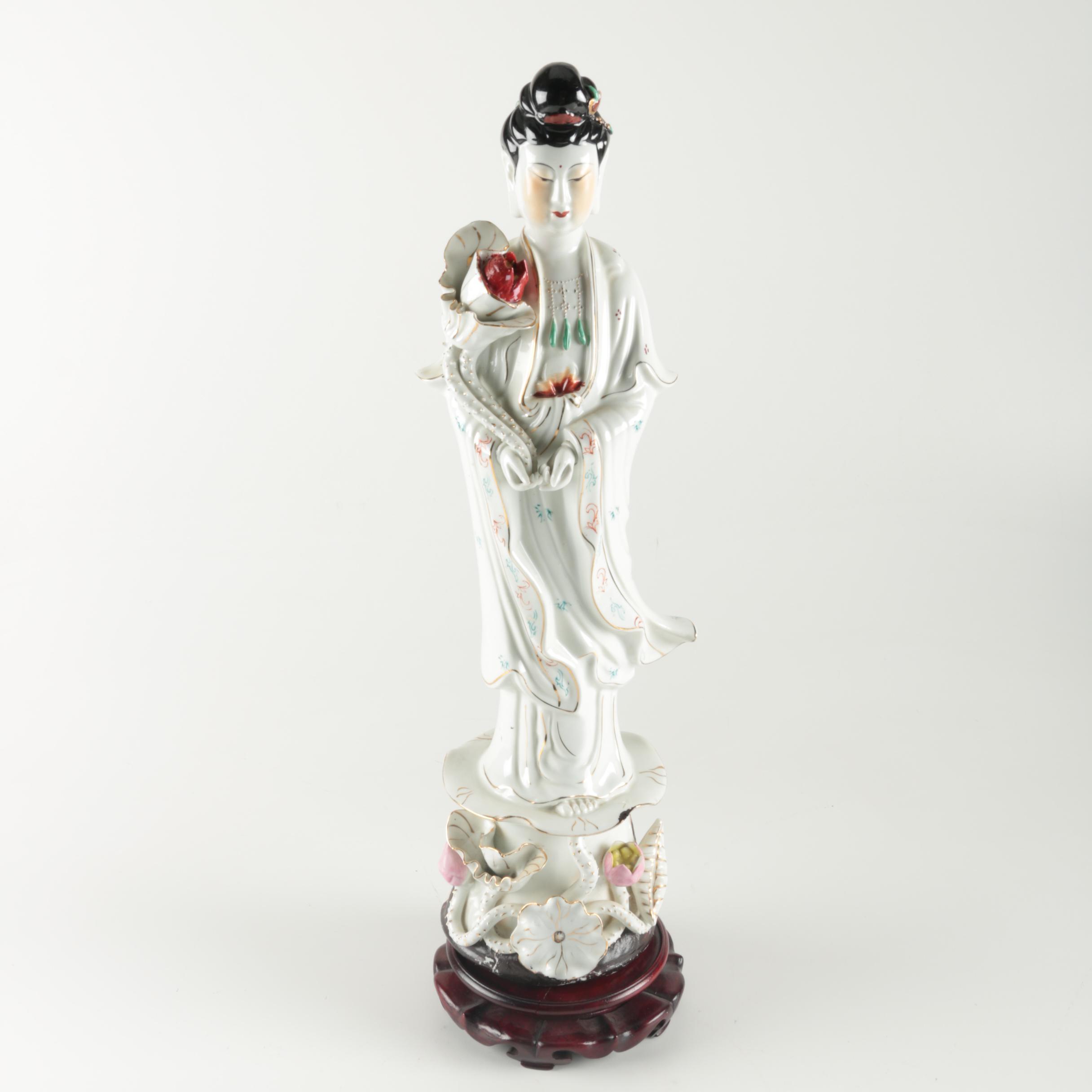Ceramic He Xiangu Figurine with Wooden Stand