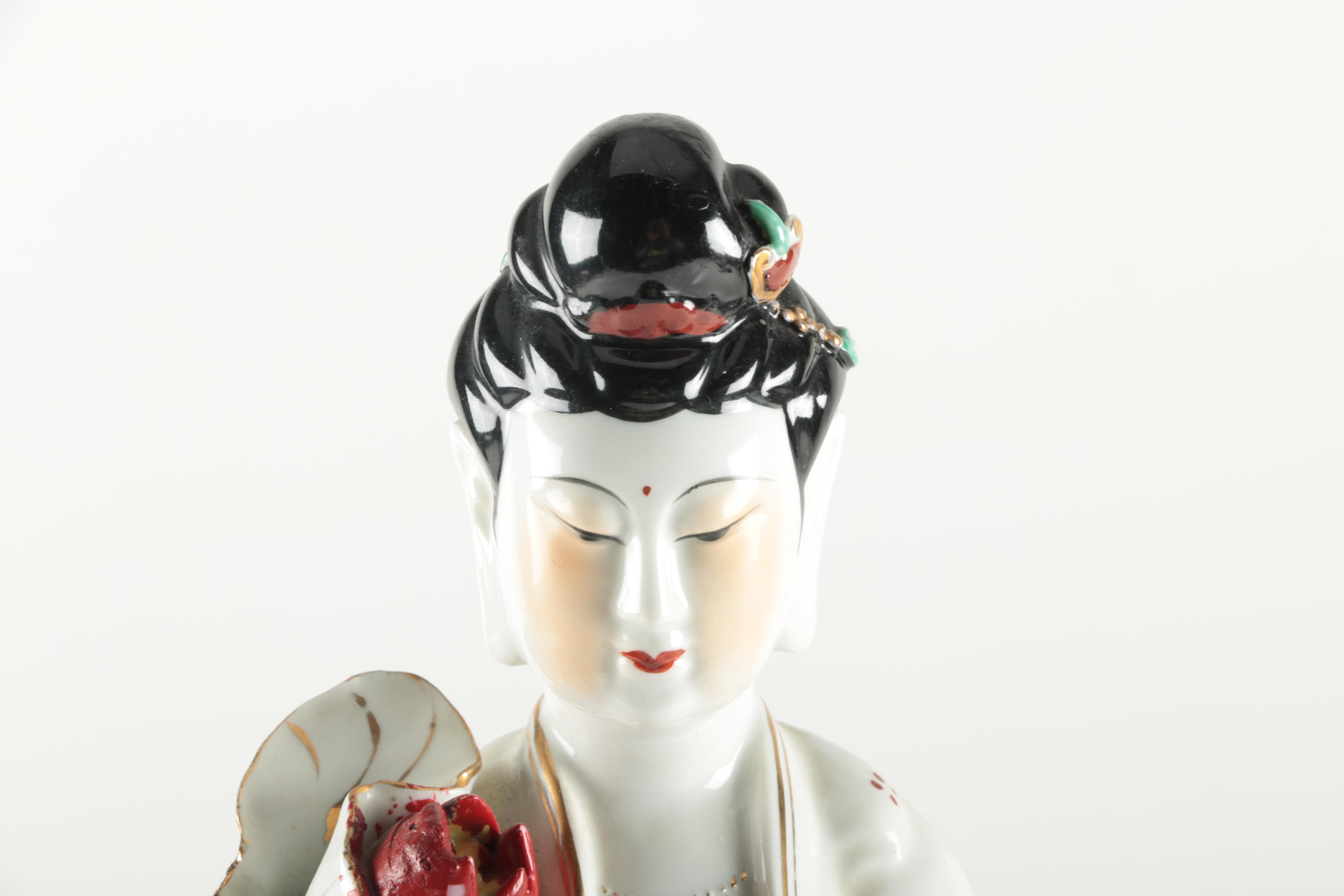Ceramic He Xiangu Figurine with Wooden Stand