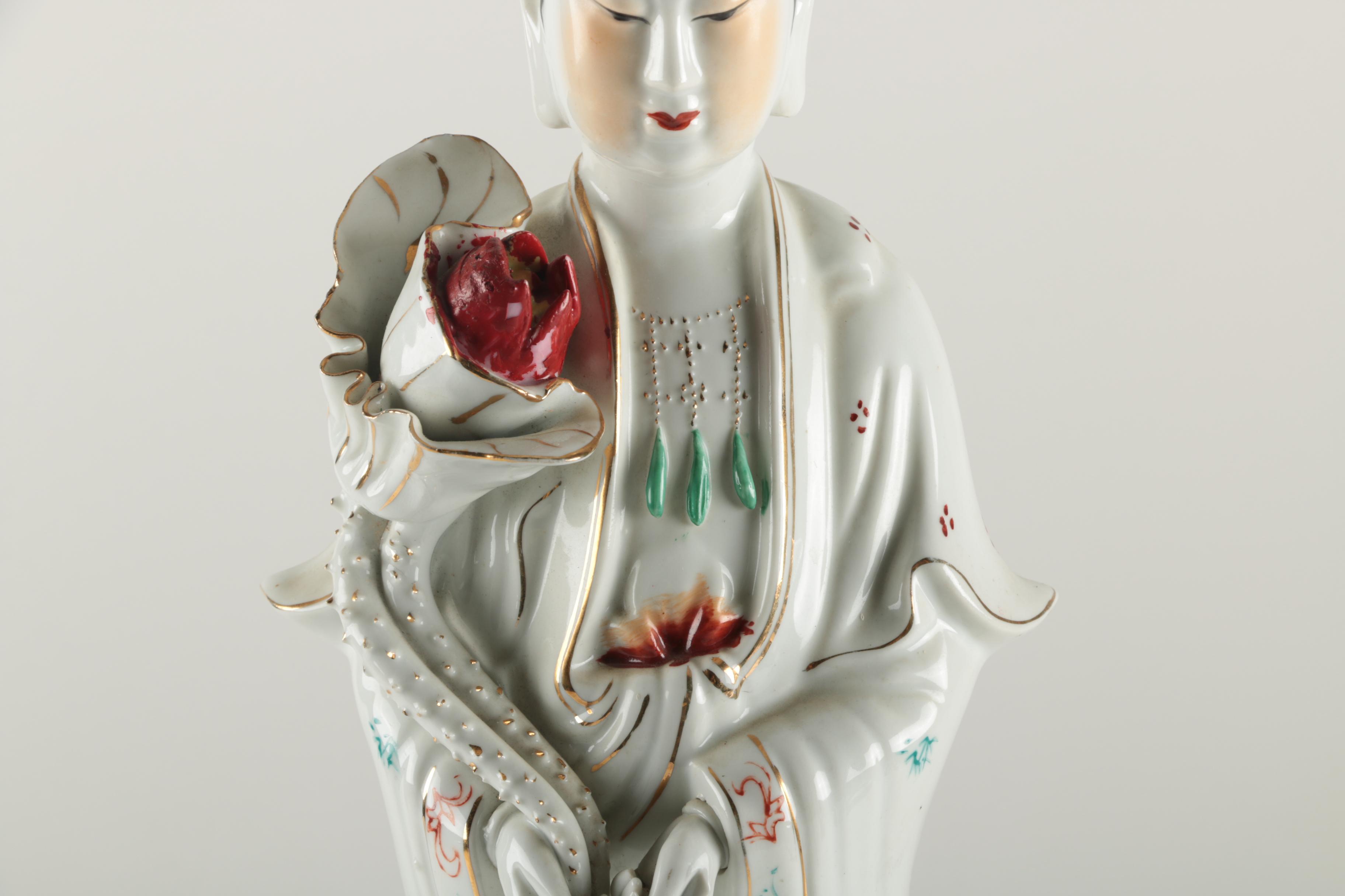 Ceramic He Xiangu Figurine with Wooden Stand
