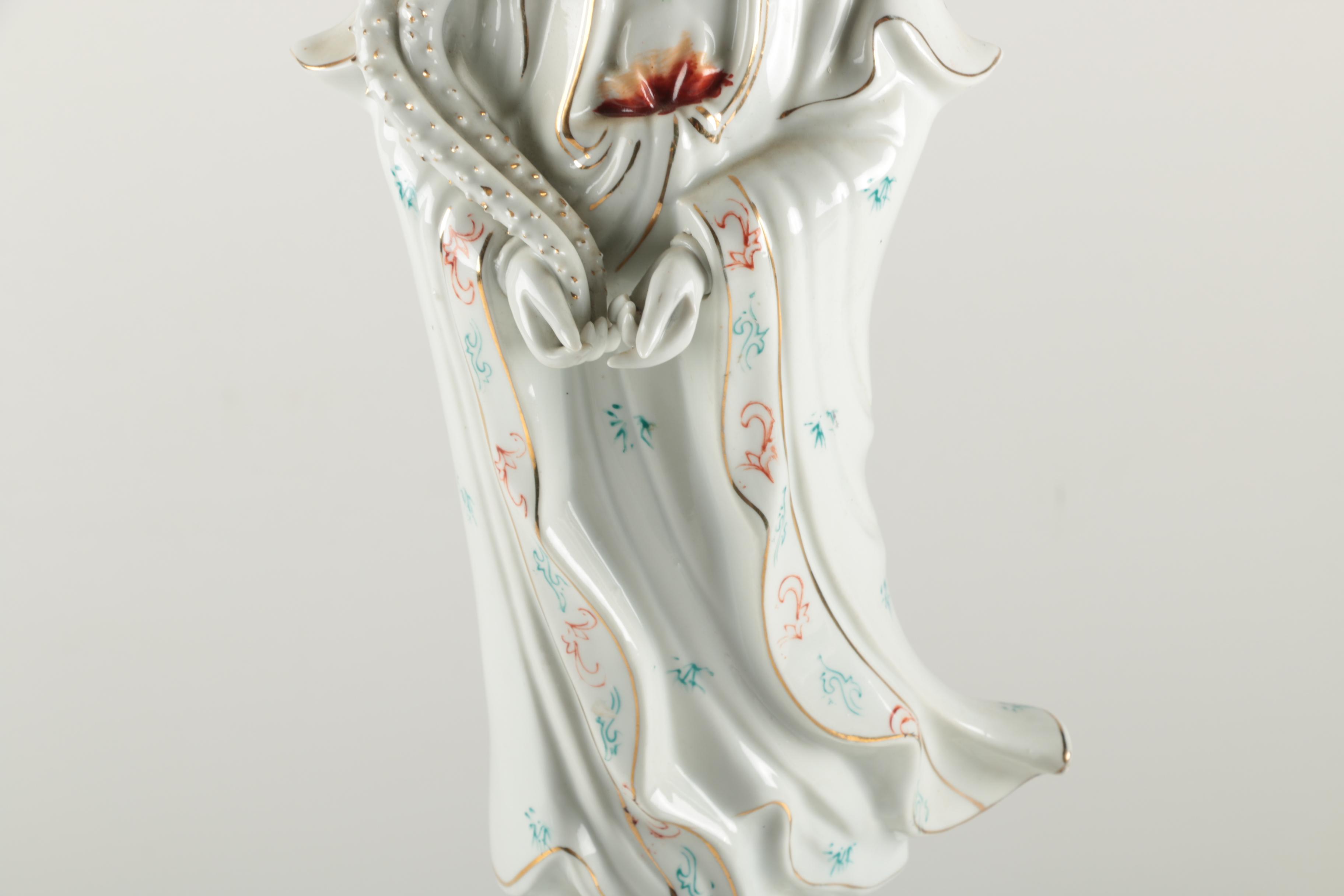 Ceramic He Xiangu Figurine with Wooden Stand