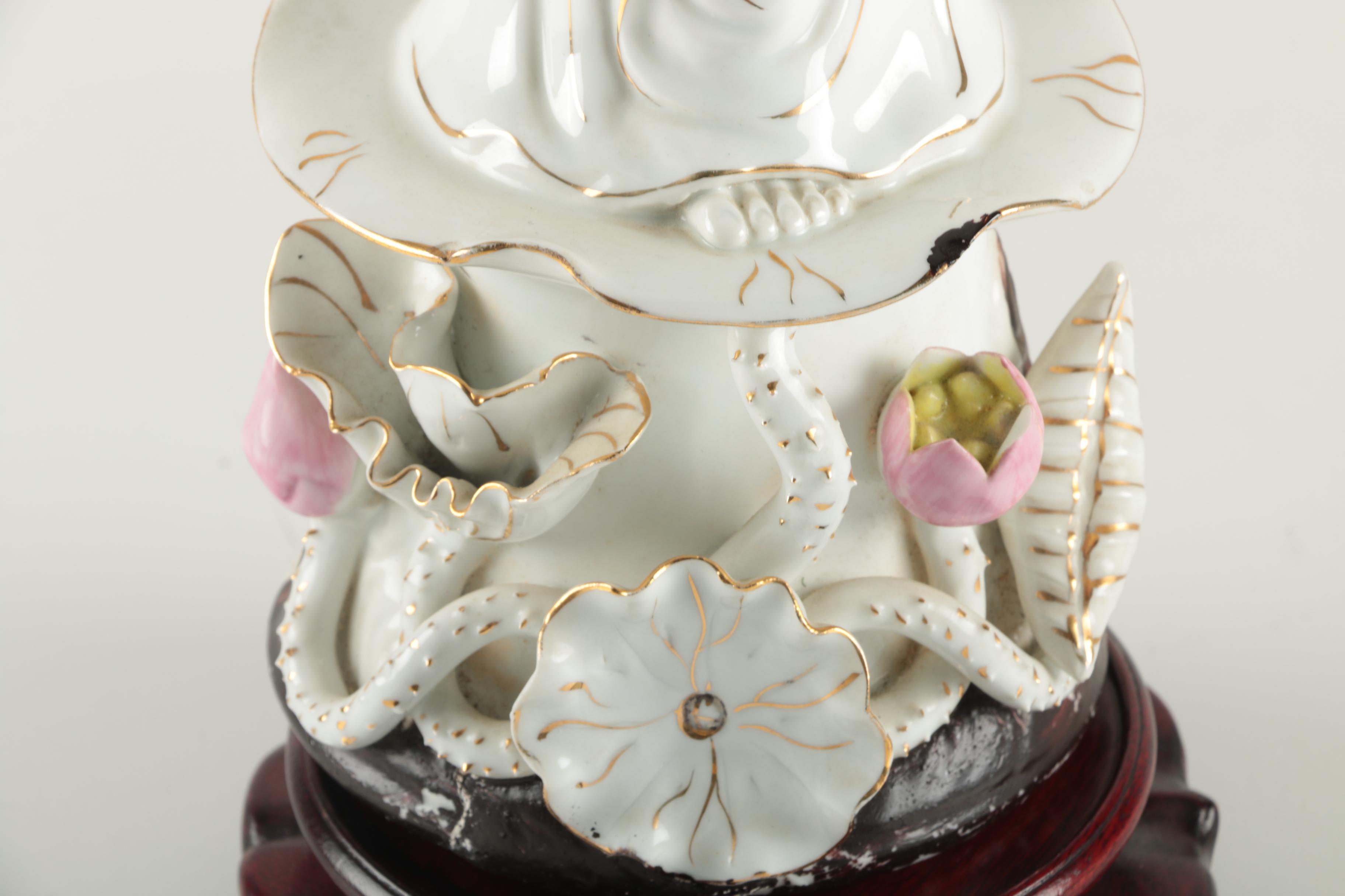 Ceramic He Xiangu Figurine with Wooden Stand