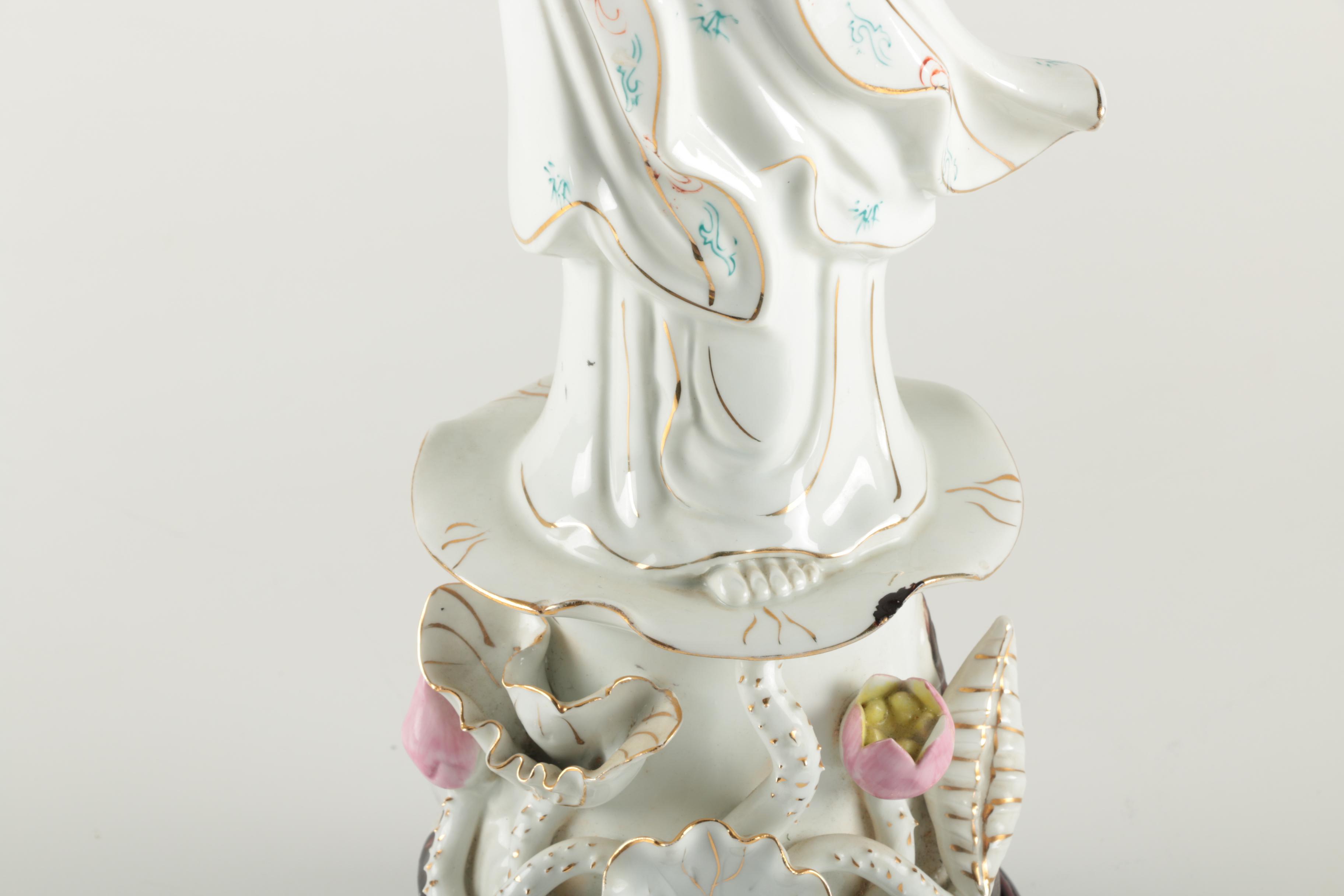 Ceramic He Xiangu Figurine with Wooden Stand