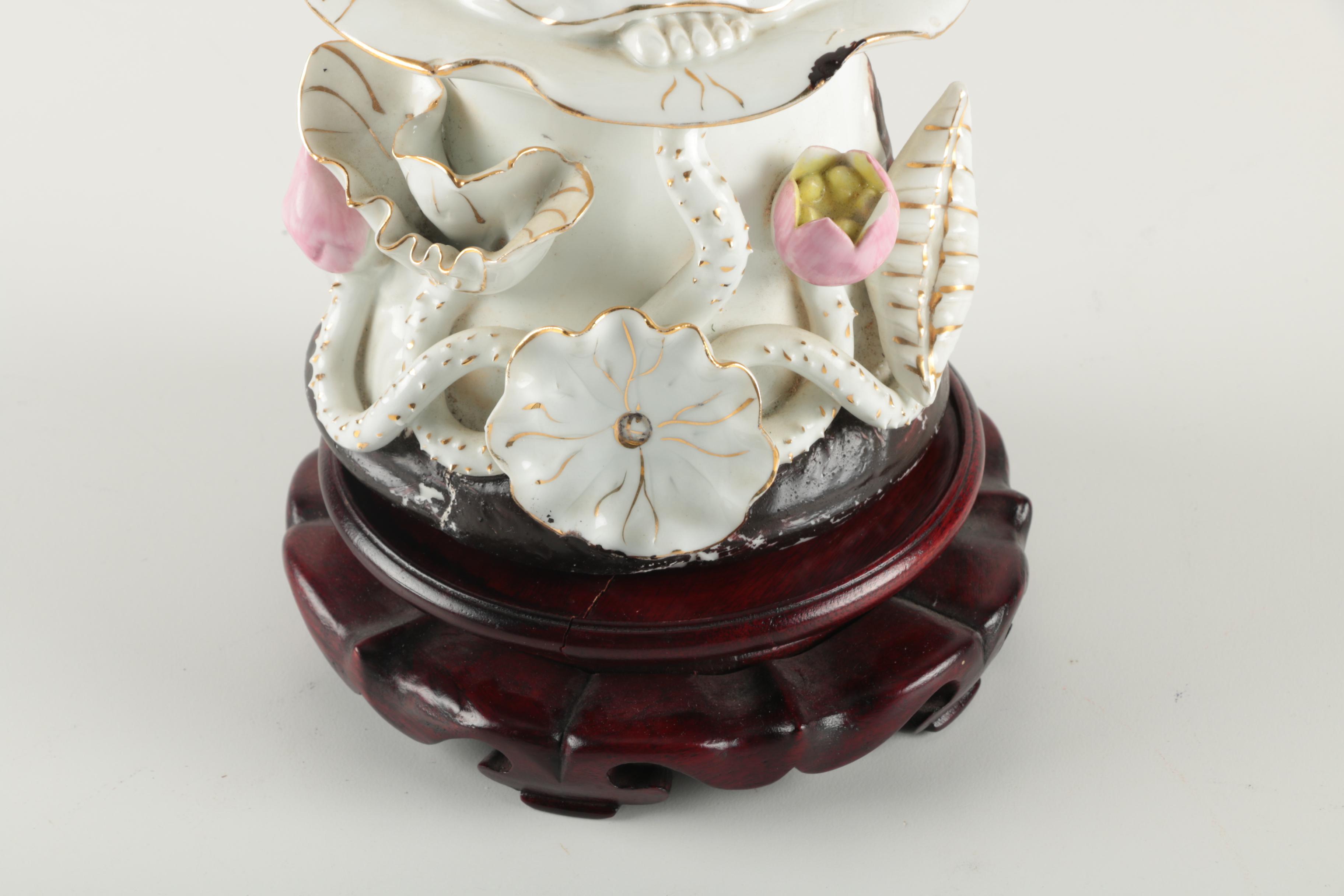 Ceramic He Xiangu Figurine with Wooden Stand
