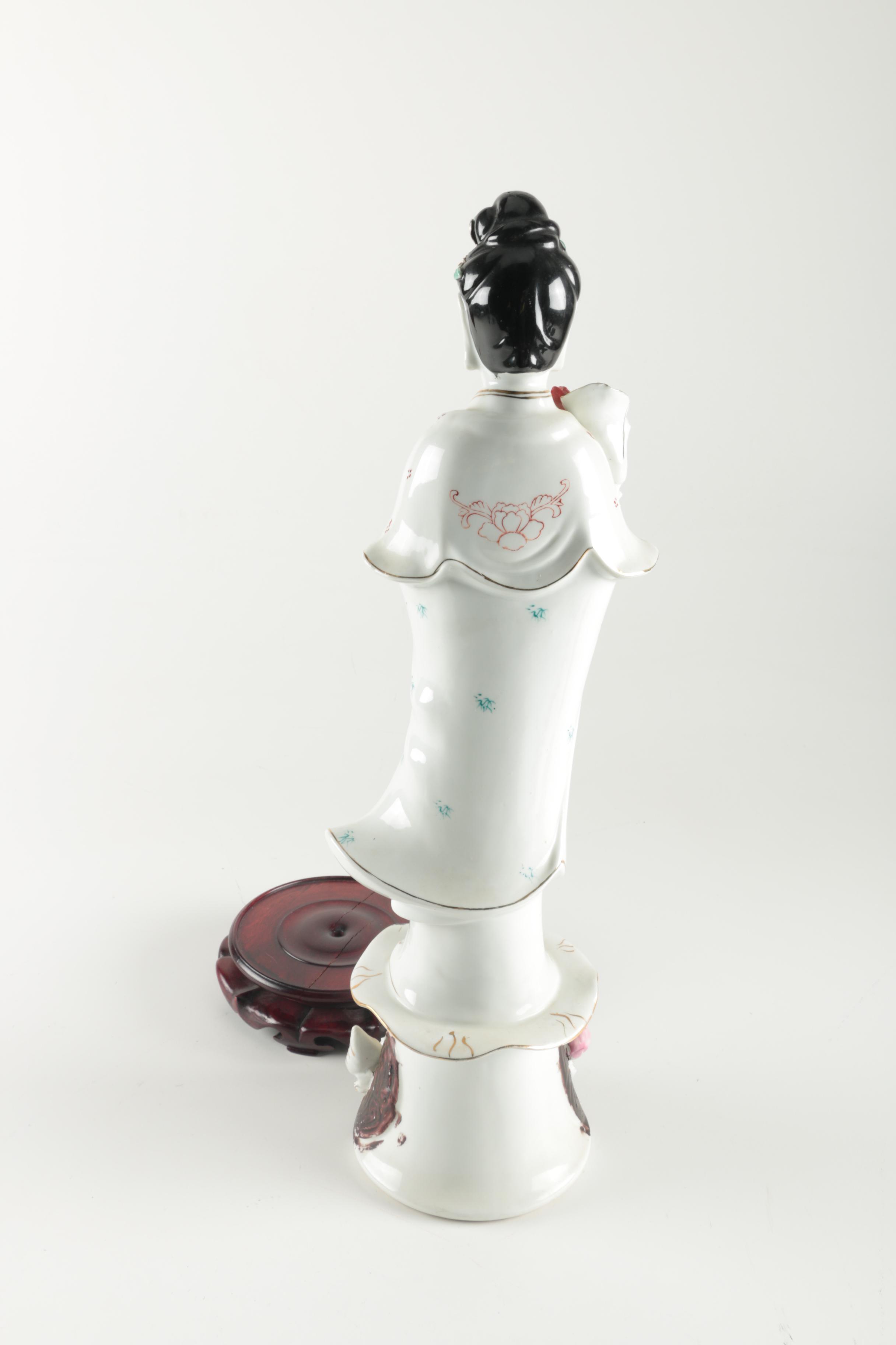 Ceramic He Xiangu Figurine with Wooden Stand