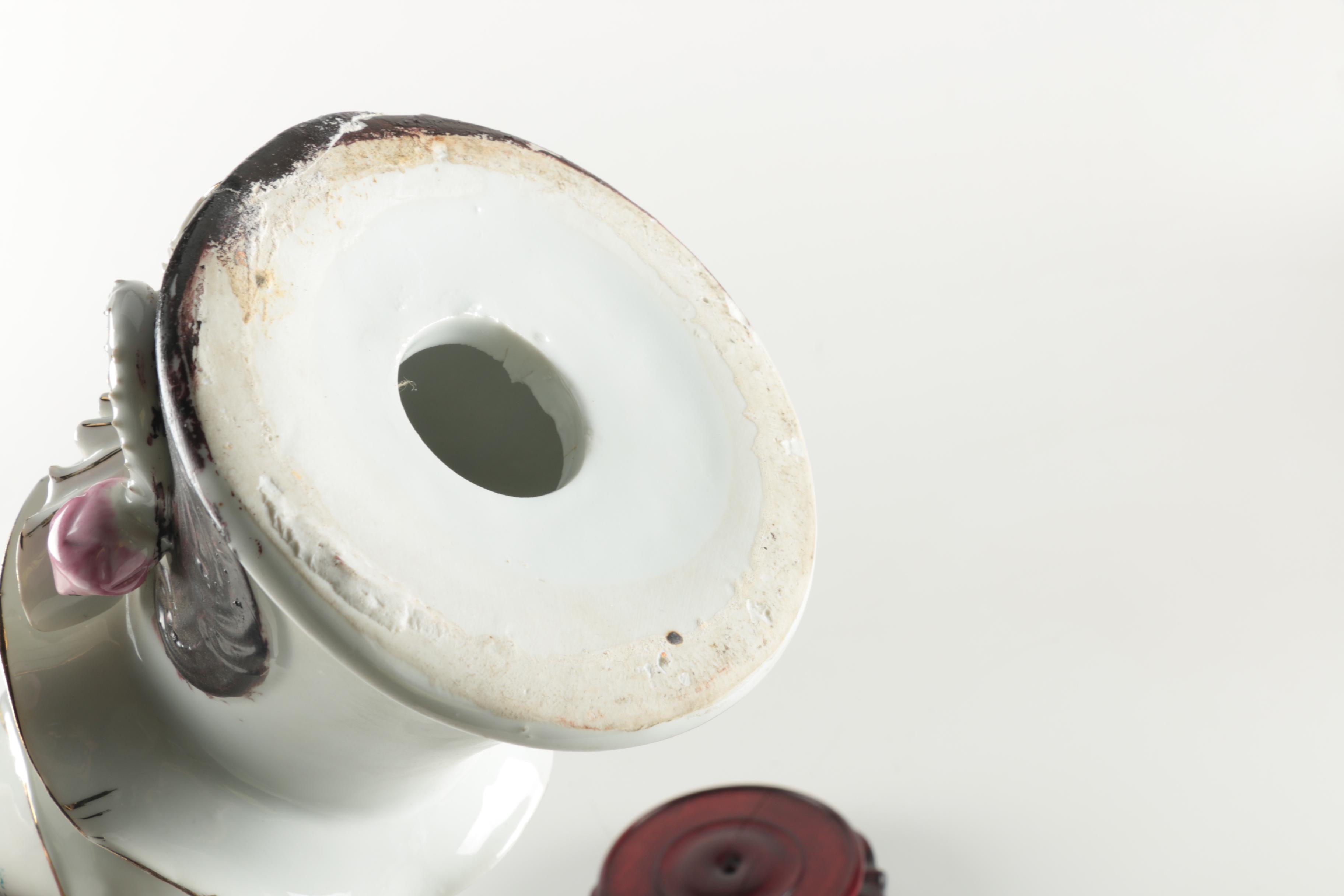 Ceramic He Xiangu Figurine with Wooden Stand