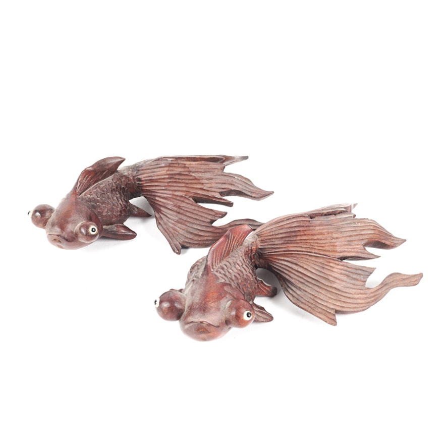 Pair of Carved Rosewood Koi Fish