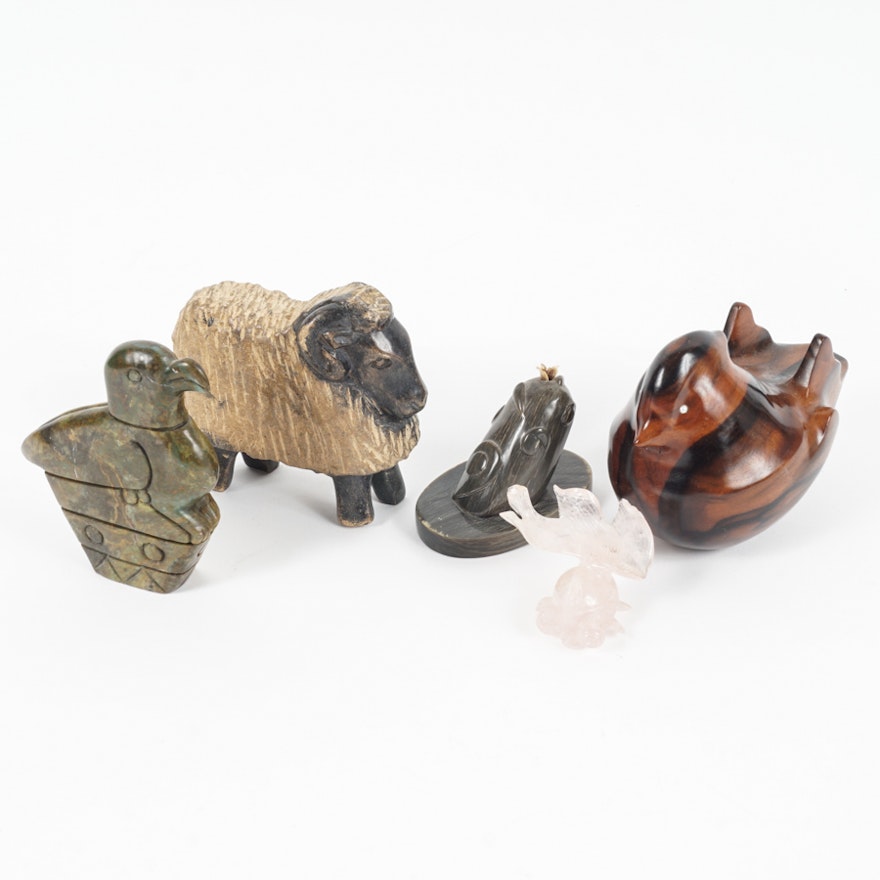 Assortment of Carved Wood and Stone Animal Figurines