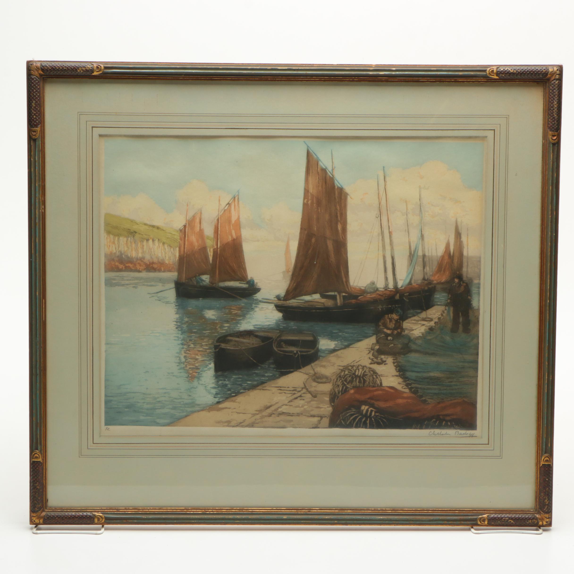 Bastogy a la Poupee Etching with Aquatint of Boats with Red Sails