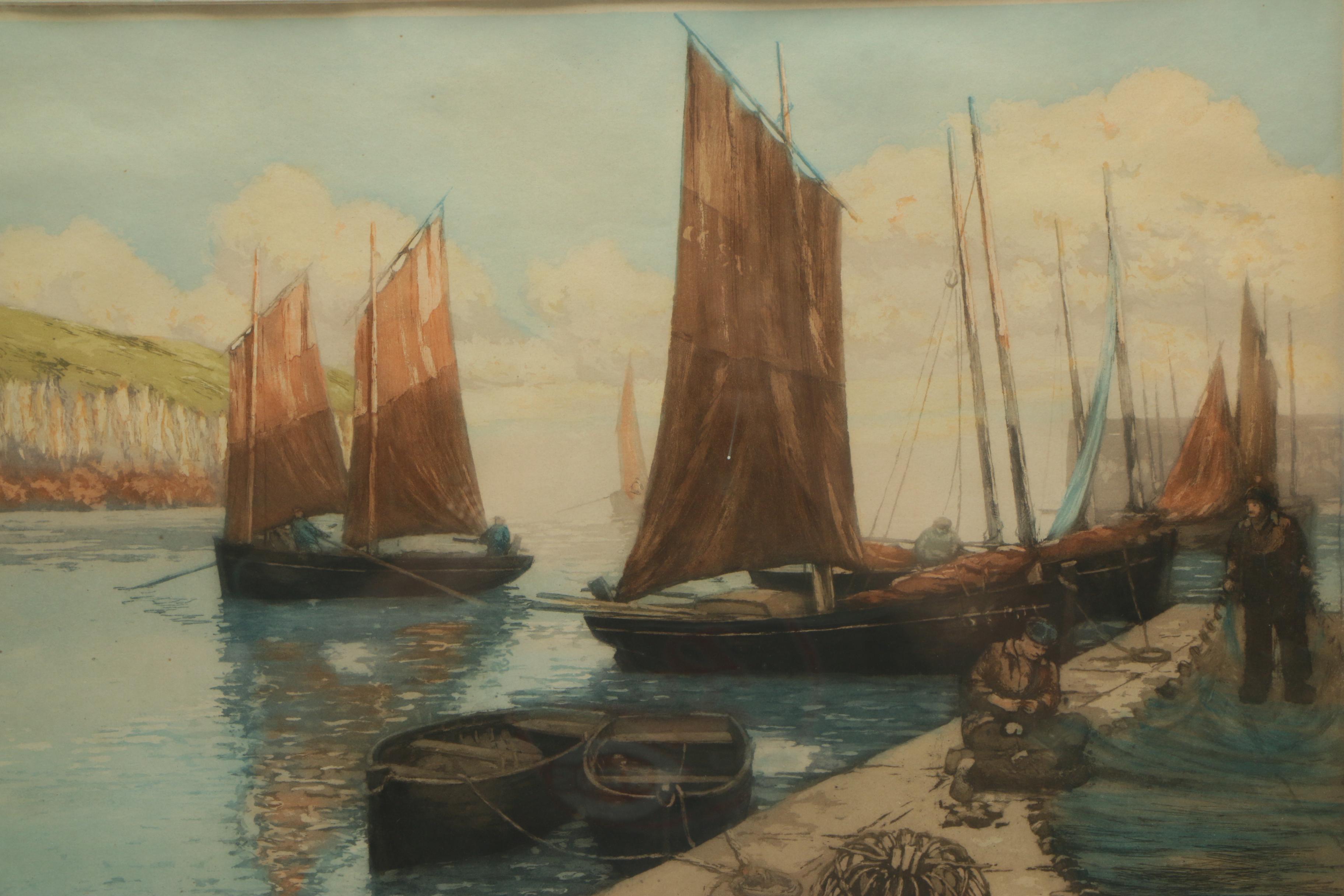 Bastogy a la Poupee Etching with Aquatint of Boats with Red Sails