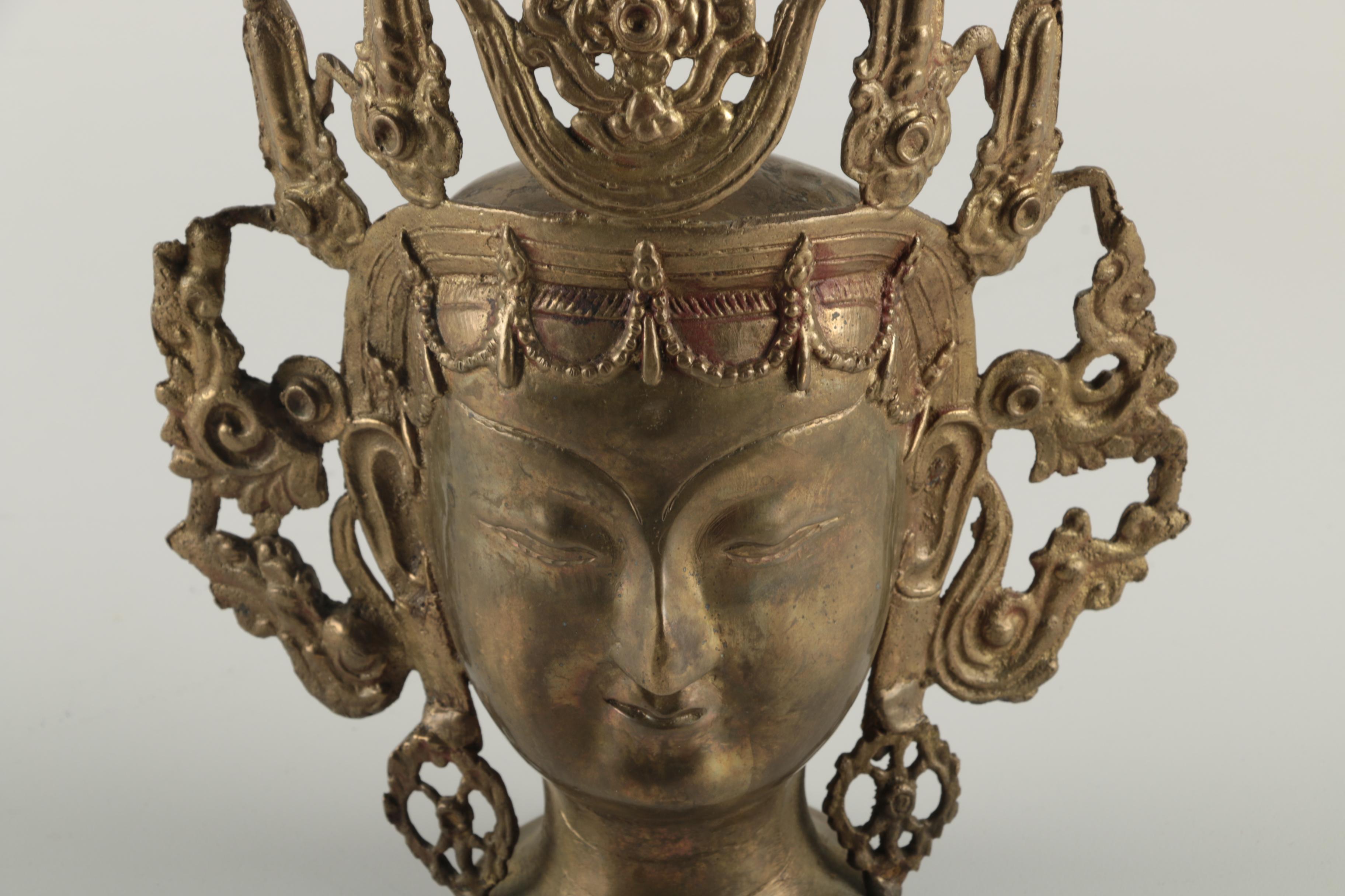 Sino-Tibetan Cast Brass Tone Metal Buddhist Bust