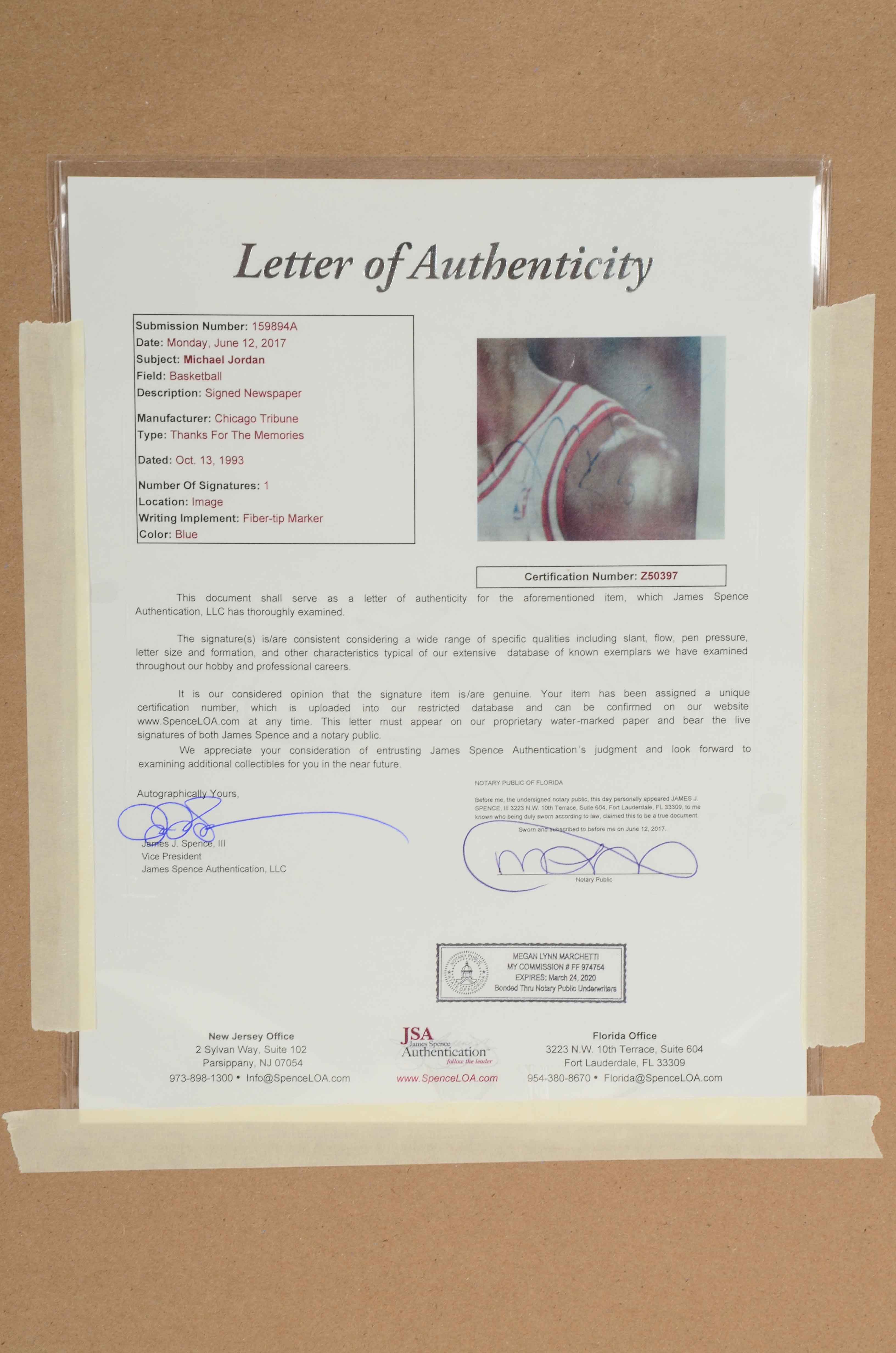 Framed Michael Jordan Autographed Newspaper Page