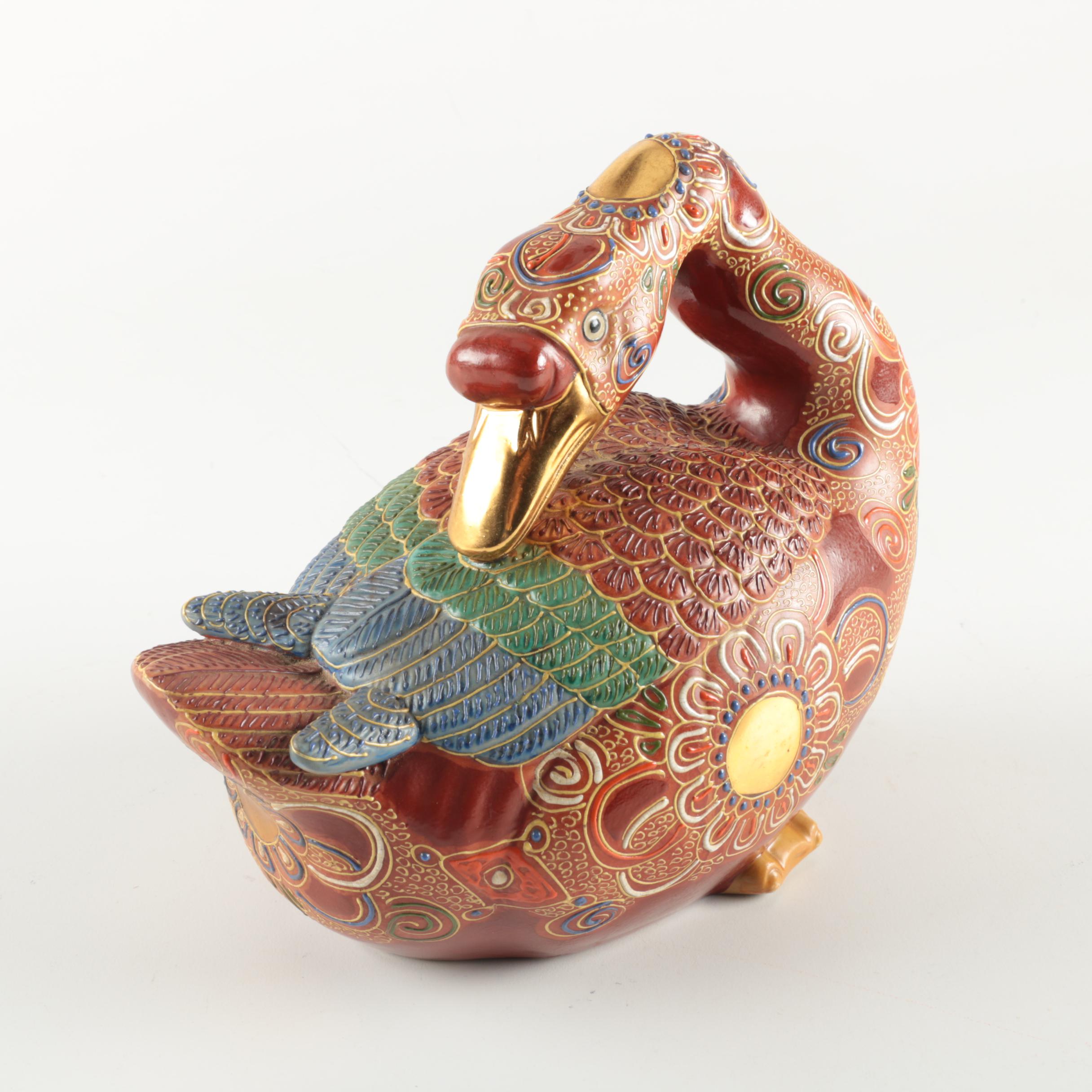 Japanese Intricately Decorated Handbuilt Stoneware Goose Figurine