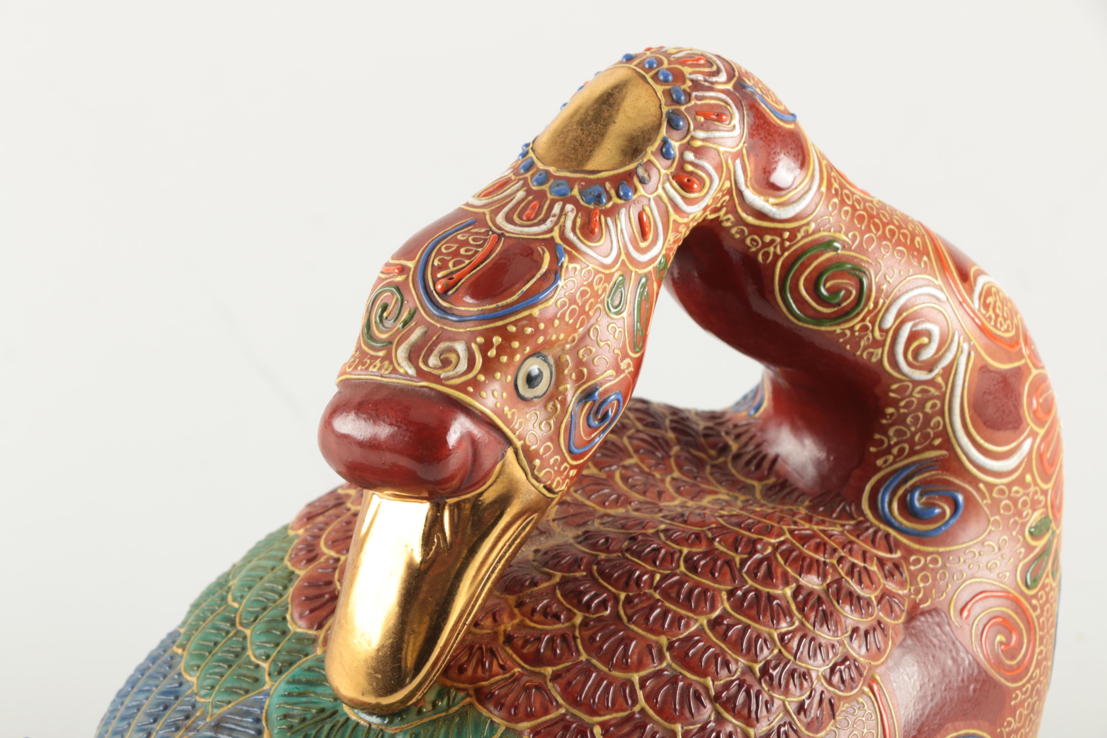 Japanese Intricately Decorated Handbuilt Stoneware Goose Figurine