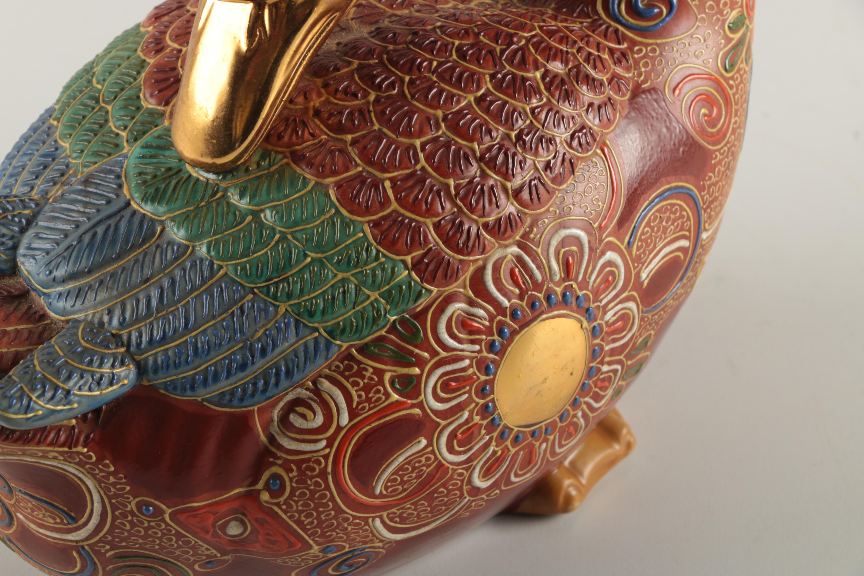 Japanese Intricately Decorated Handbuilt Stoneware Goose Figurine