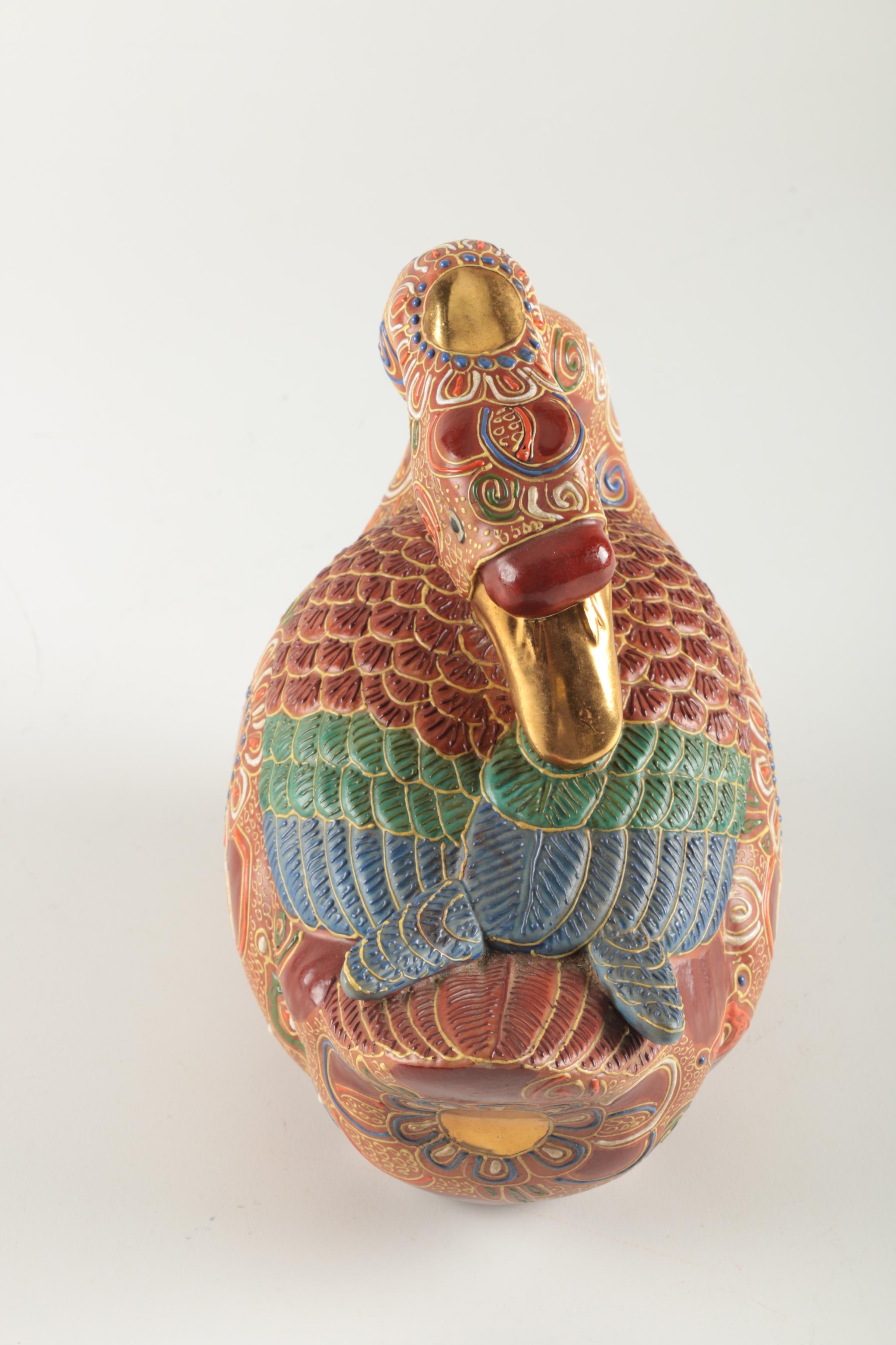 Japanese Intricately Decorated Handbuilt Stoneware Goose Figurine