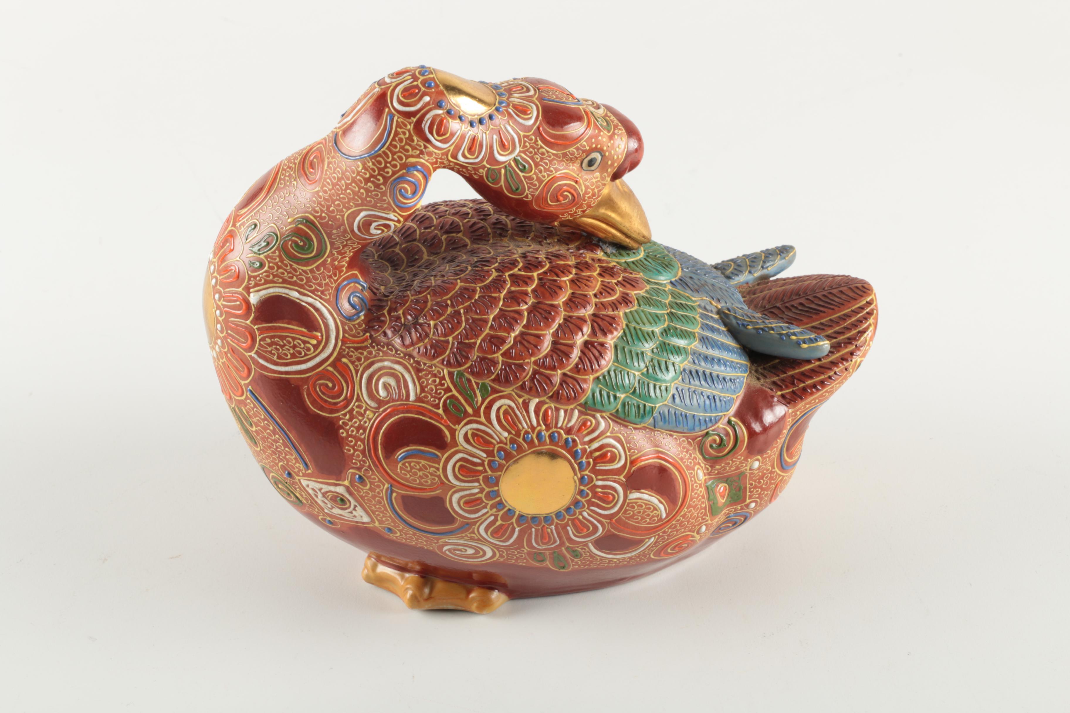 Japanese Intricately Decorated Handbuilt Stoneware Goose Figurine