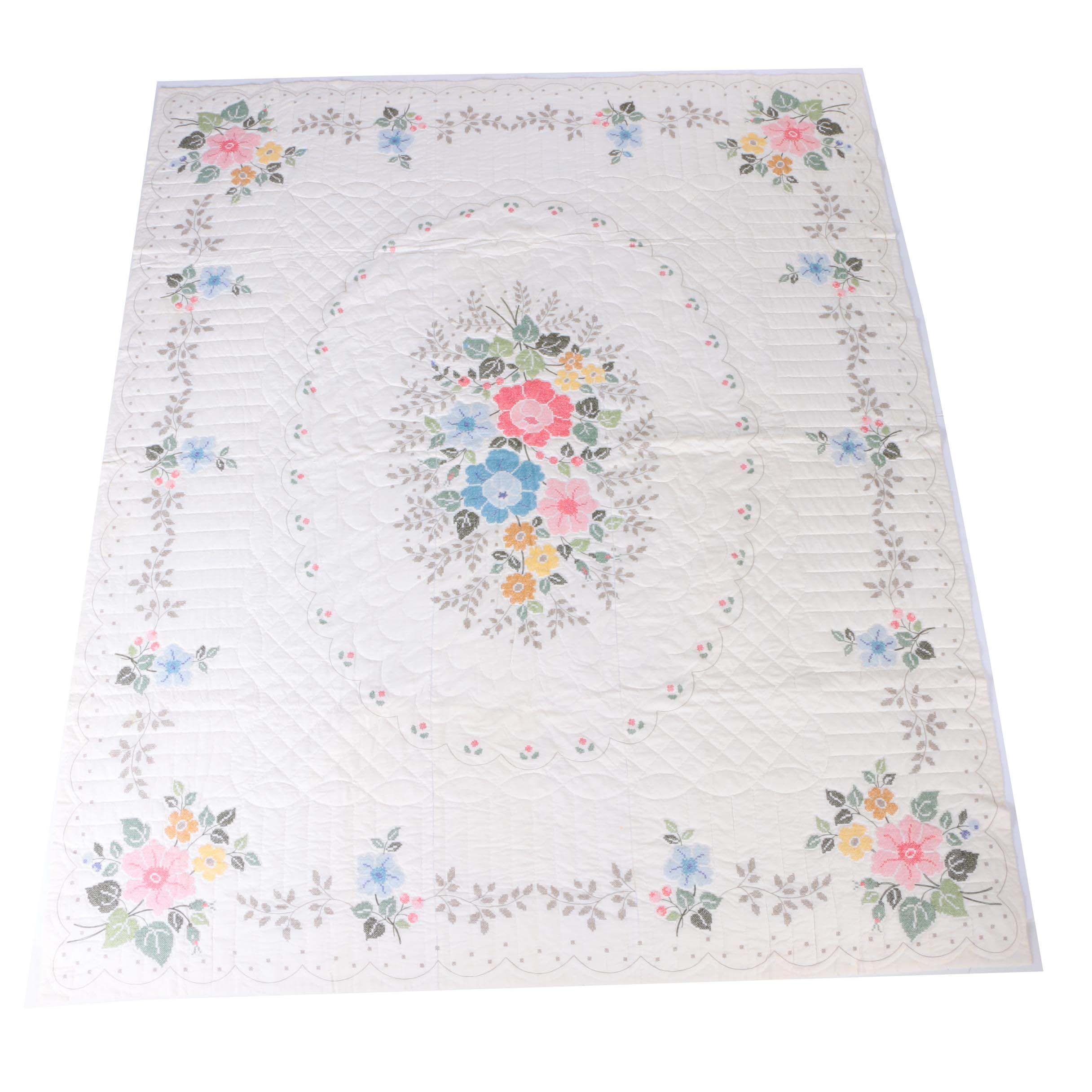 Handmade Cross Stitch Embroidered Floral Bedspread