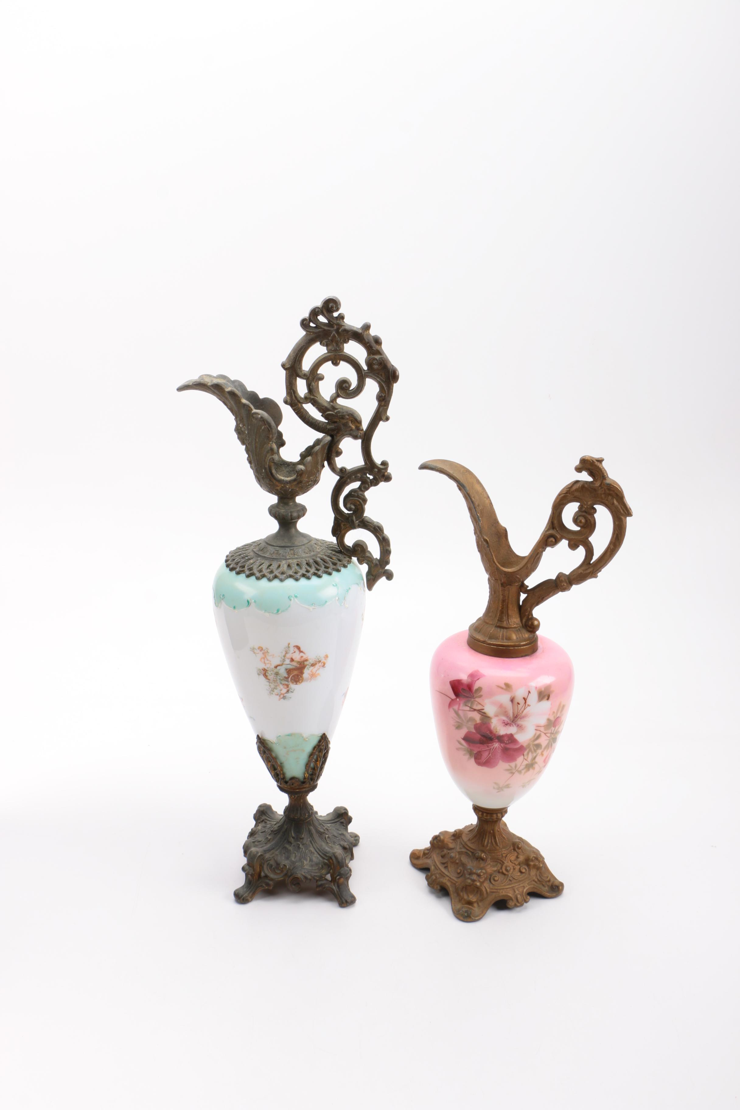 Ornate Metal and Ceramic Ewers