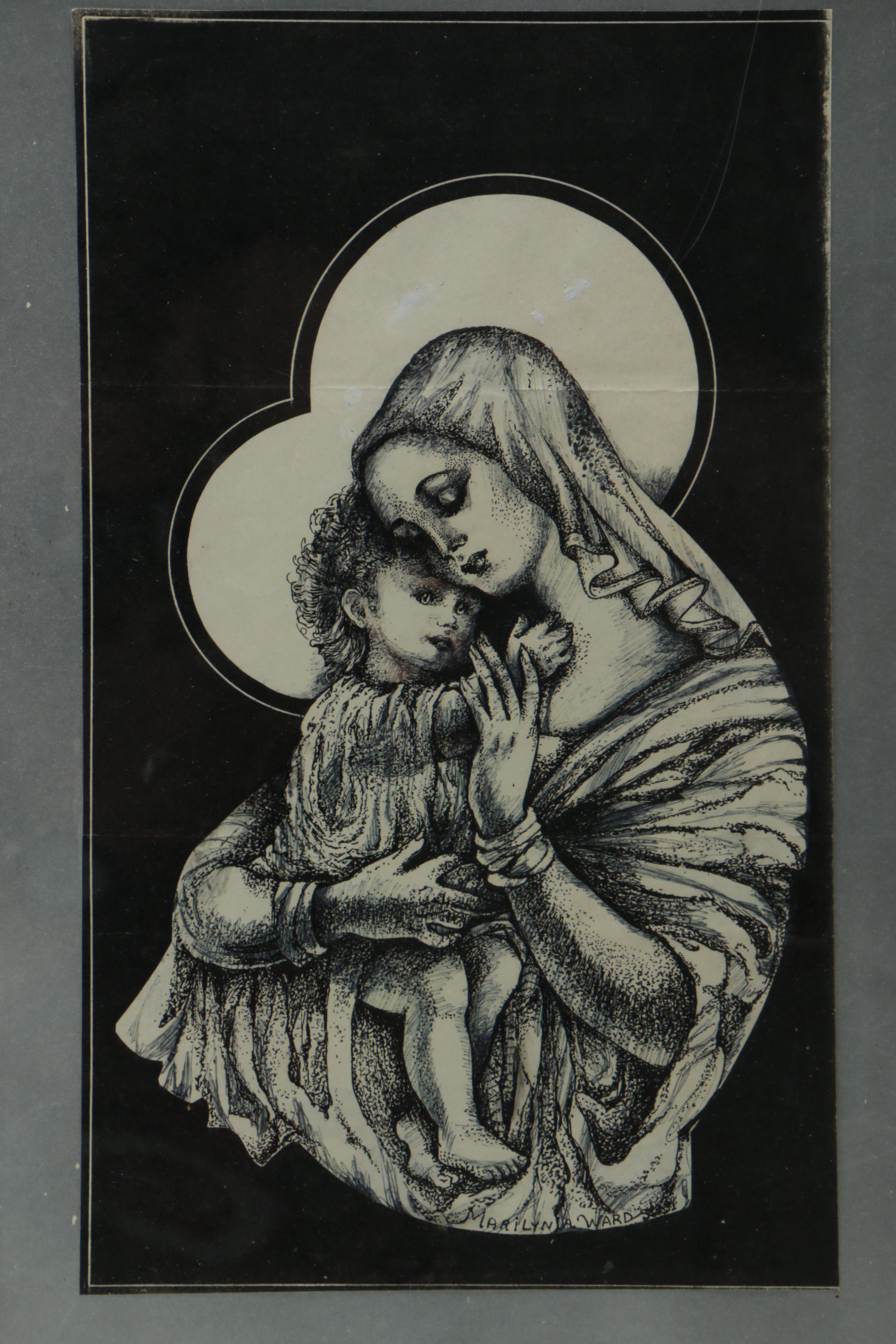 Marilyn A. Ward Pen and Ink Drawing of the Madonna and Child
