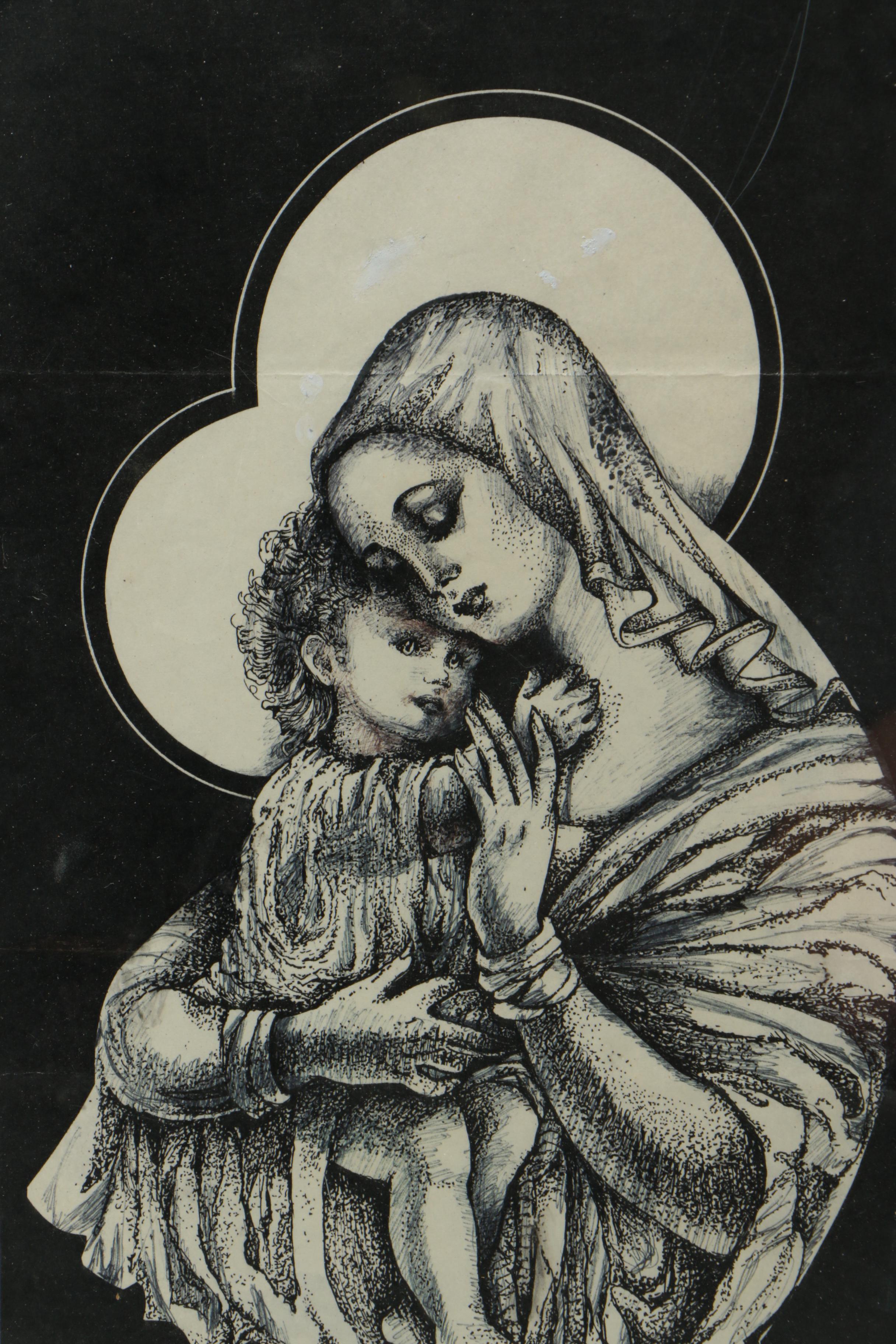 Marilyn A. Ward Pen and Ink Drawing of the Madonna and Child