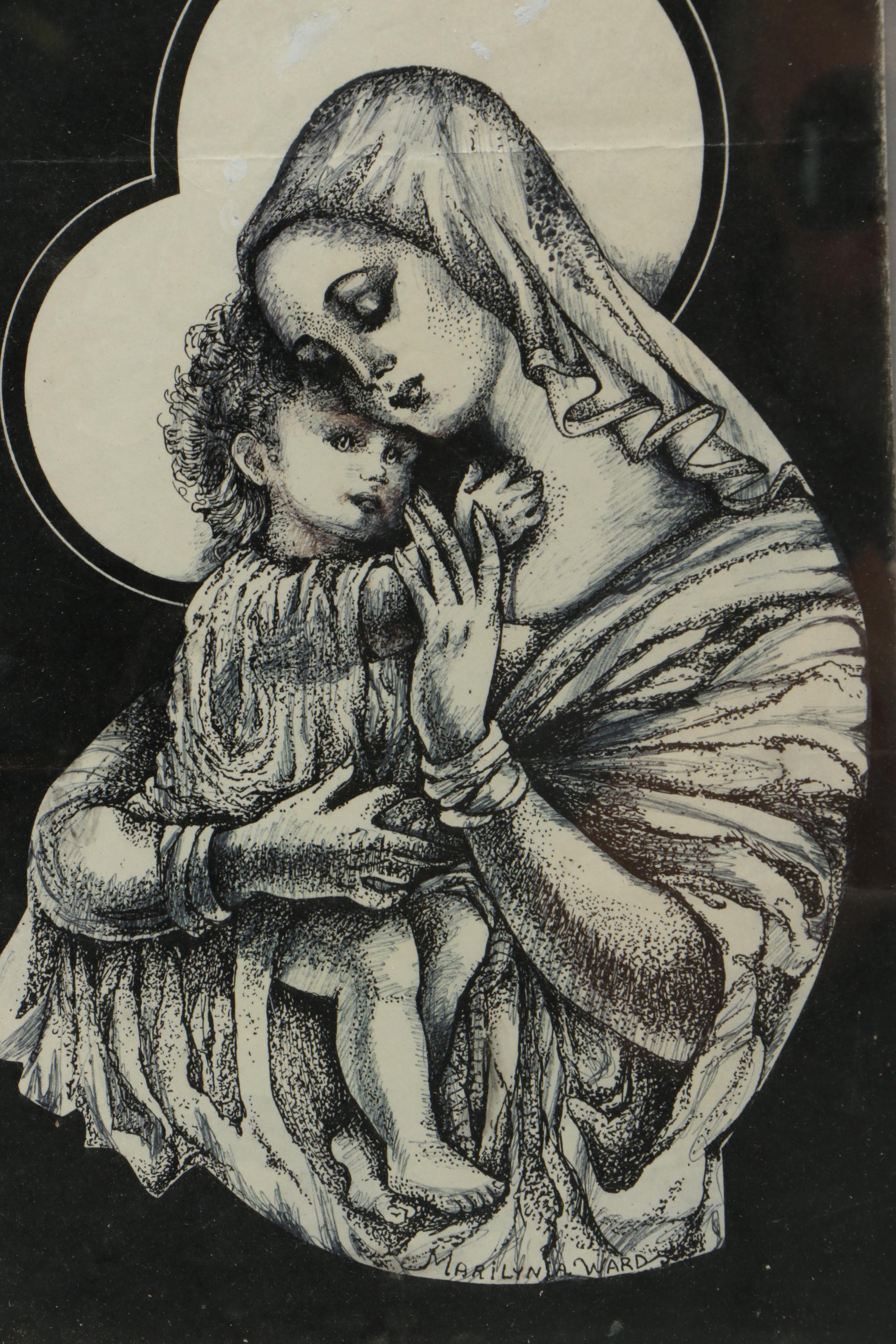 Marilyn A. Ward Pen and Ink Drawing of the Madonna and Child
