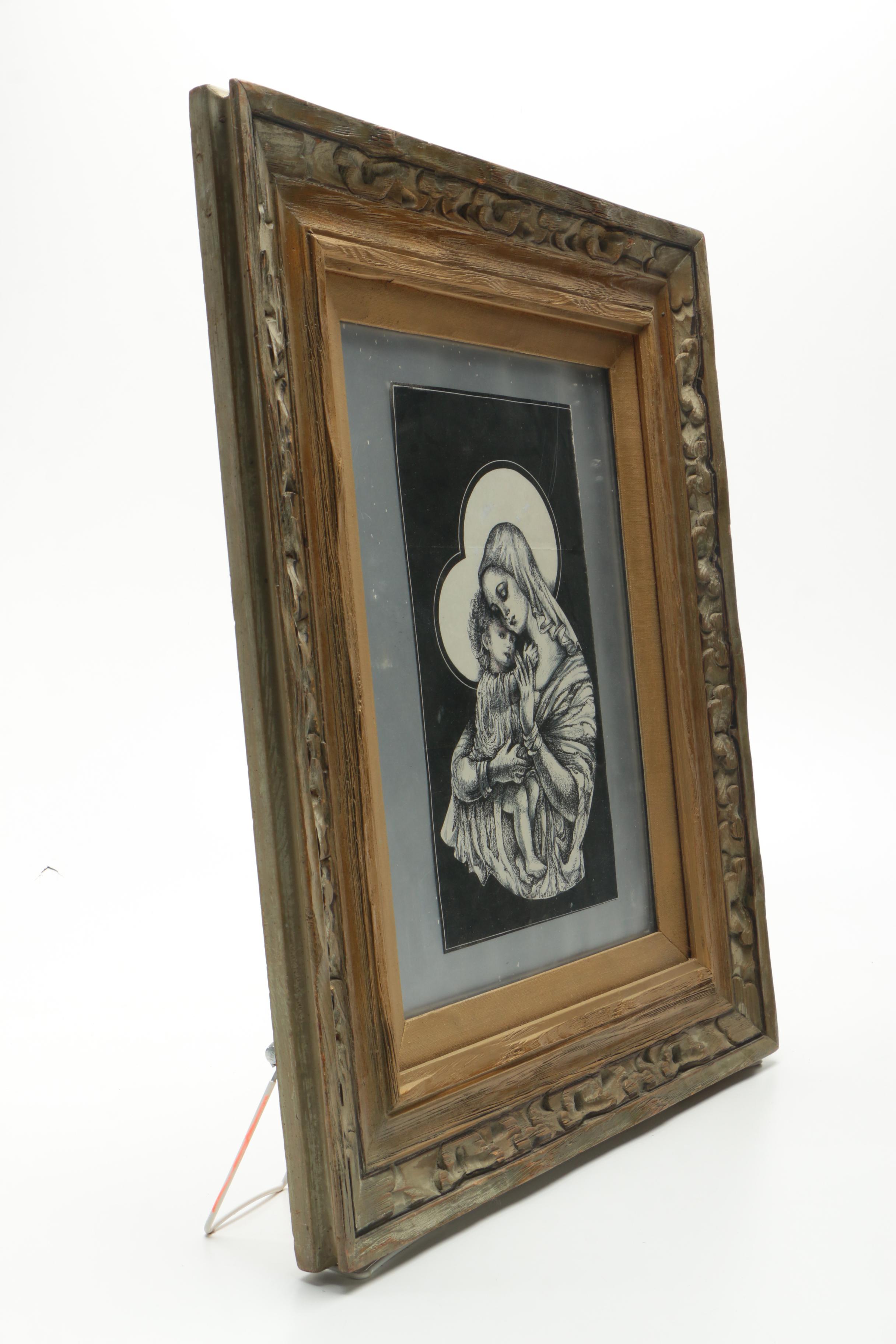Marilyn A. Ward Pen and Ink Drawing of the Madonna and Child