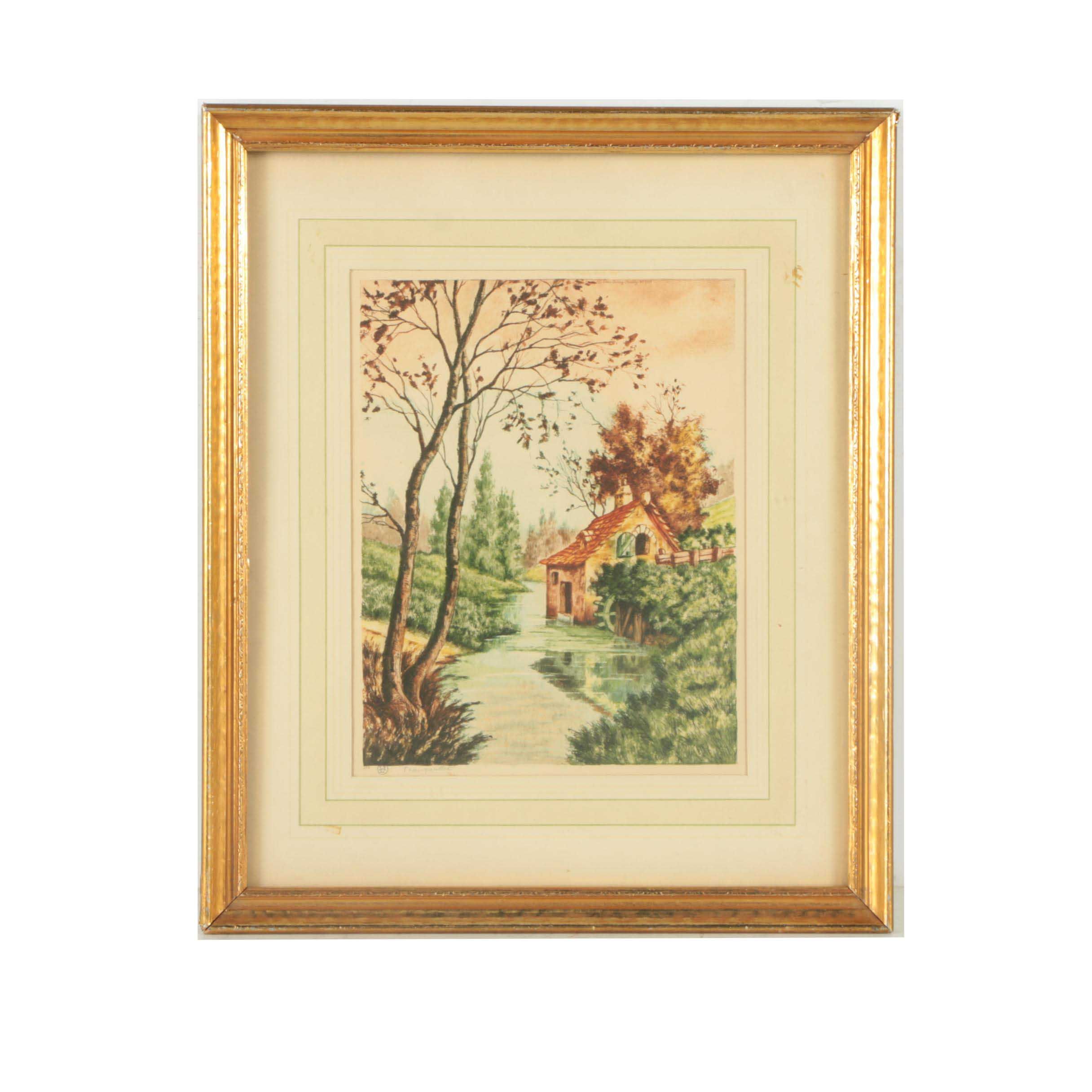 Paris Etching Society Hand Colored Etching "Tranquillite"