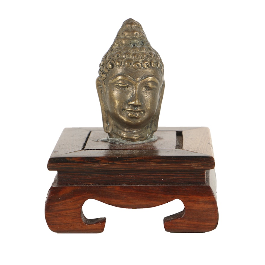 19th Century Sino-Tibetan Gilt Bronze Guatama Buddha Head on Rosewood Stand