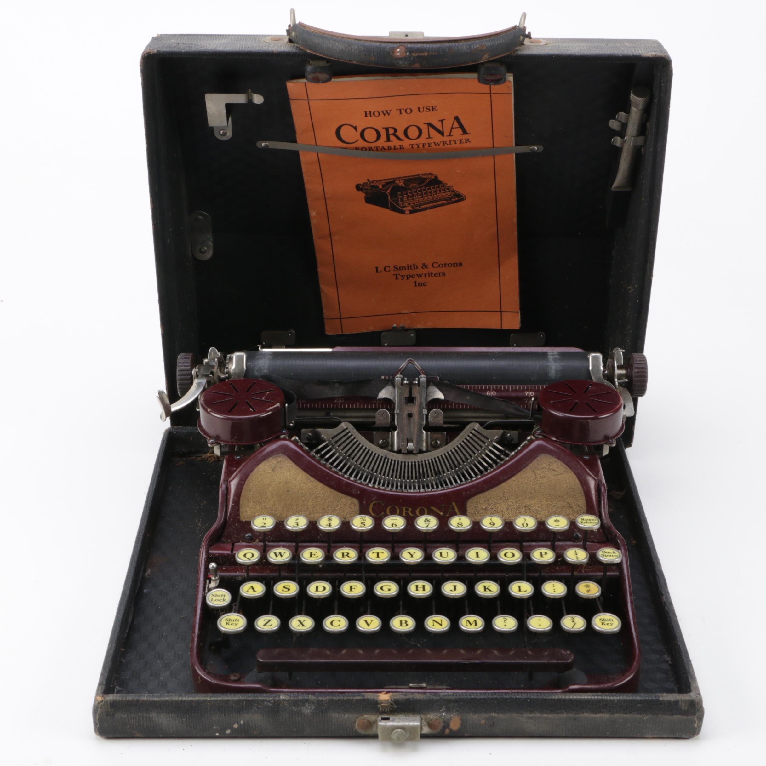 Vintage Corona Typewriter with Case and Manual