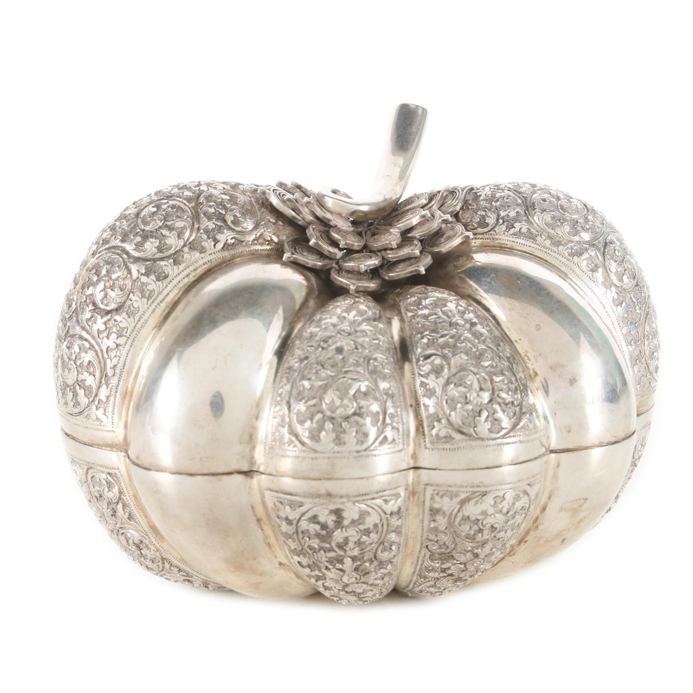 Early 20th Century Khmer, Cambodian .900 Silver Betel Box in Melon Form
