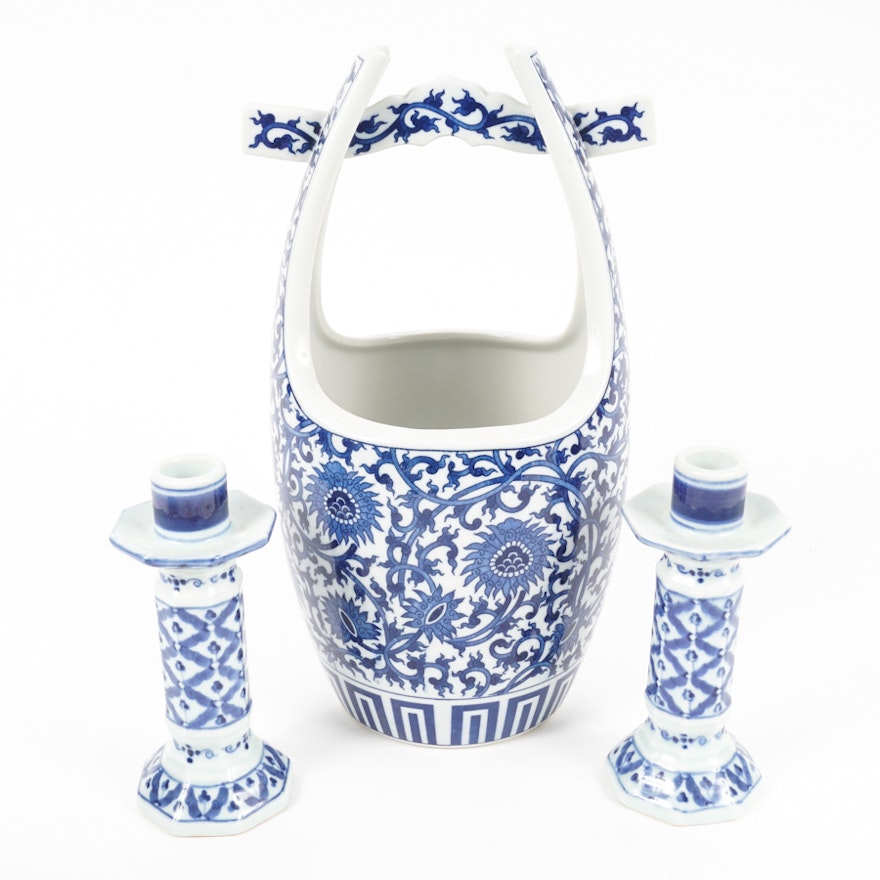 Blue and White Porcelain Vessel and Candle Sticks