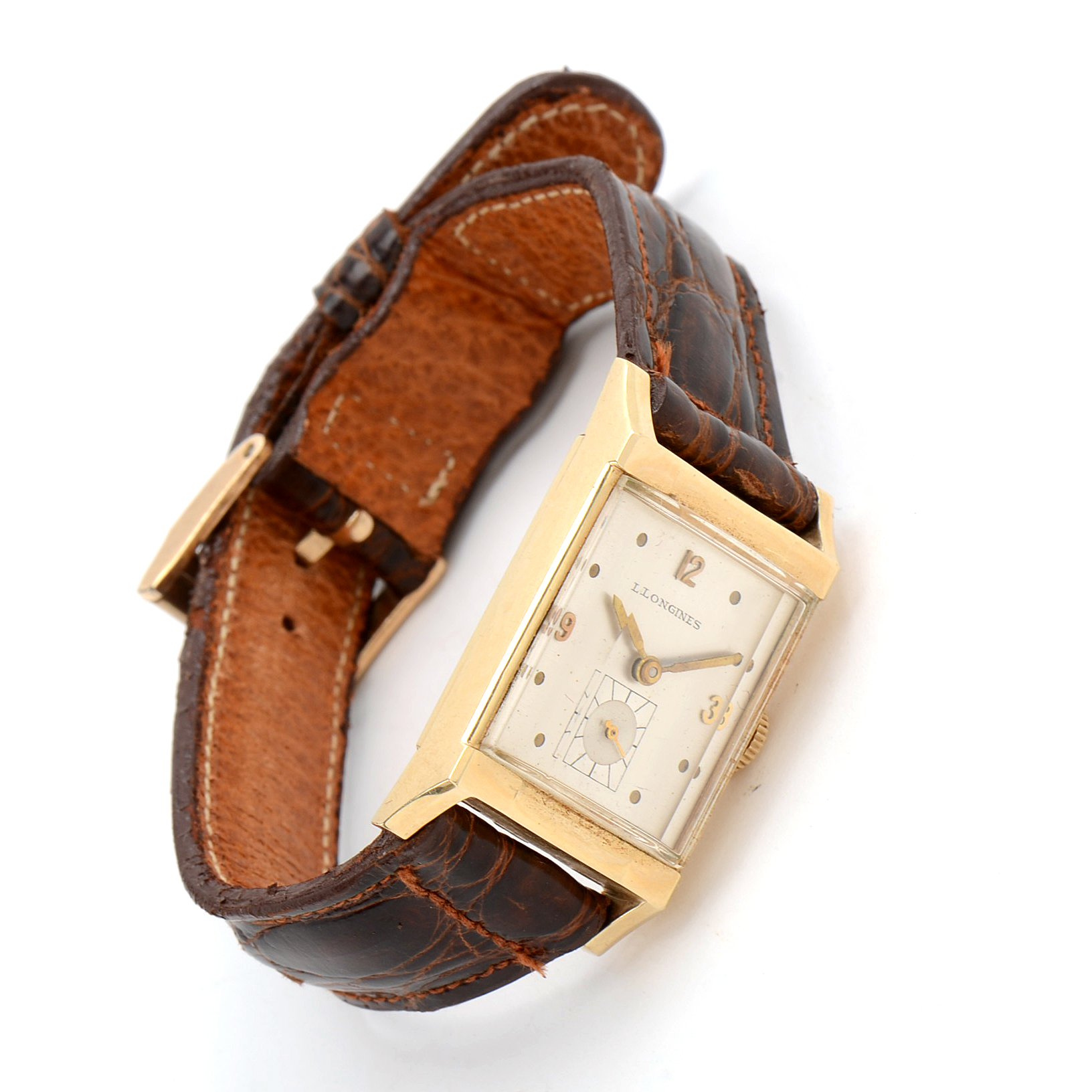 Longines 14K Yellow Gold Tank Style Watch in Original Case with Paperwork