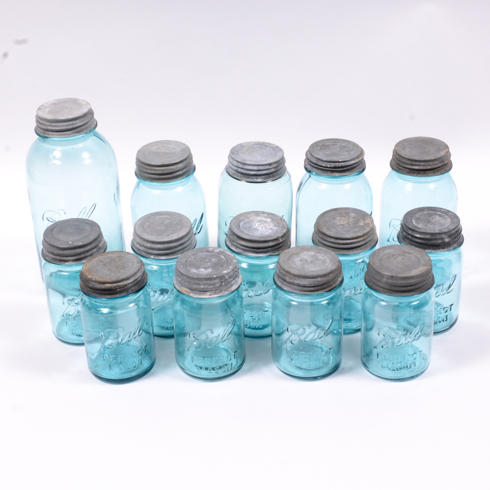 Blue Vintage "Ball" Mason Jars With Zinc Lids