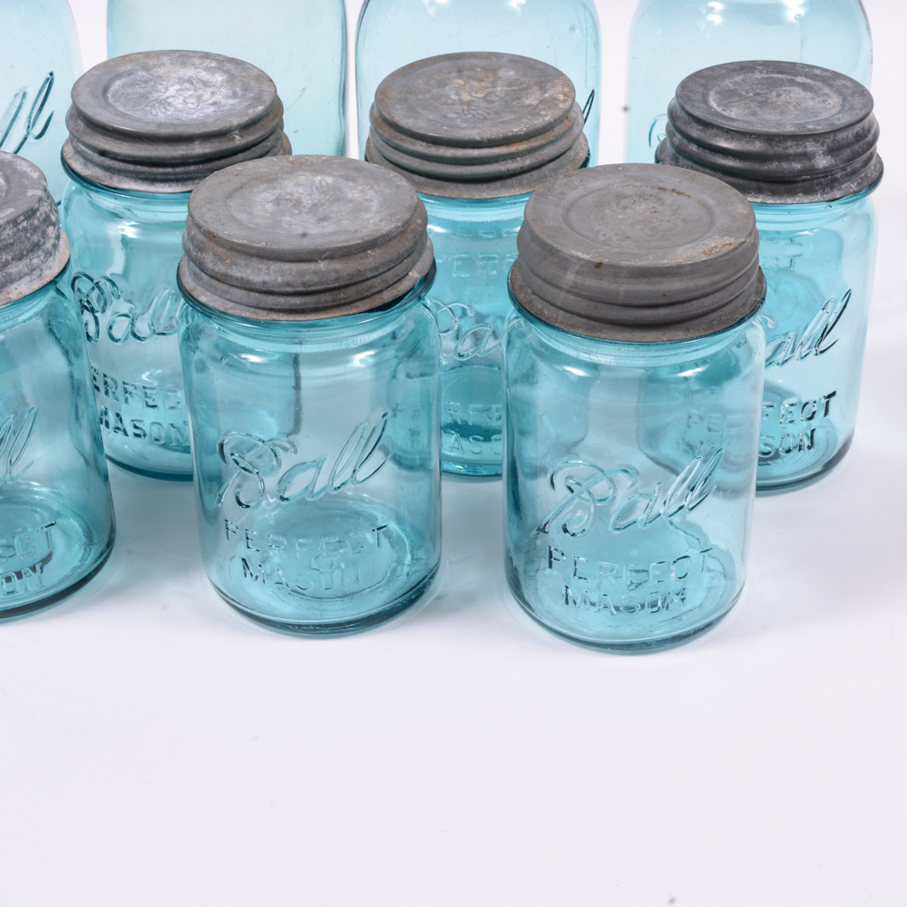 Blue Vintage "Ball" Mason Jars With Zinc Lids