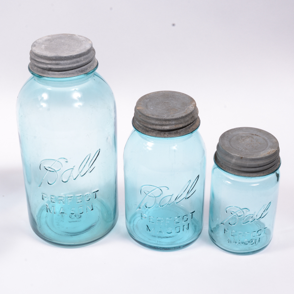 Blue Vintage "Ball" Mason Jars With Zinc Lids