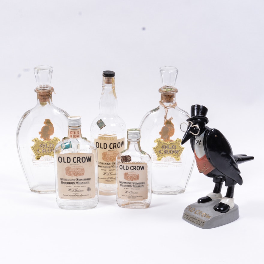 Vintage Old Crow Whiskey Bottles And Logo Figurine