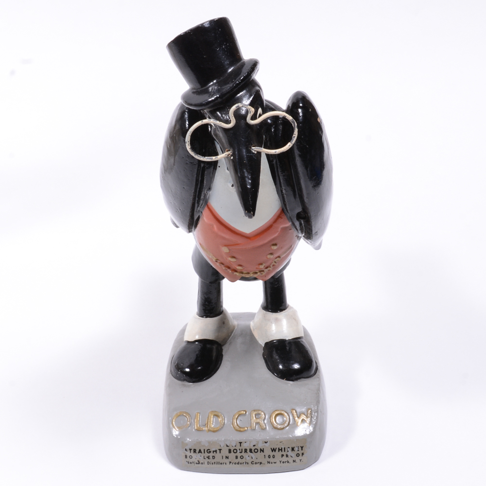 Vintage Old Crow Whiskey Bottles And Logo Figurine