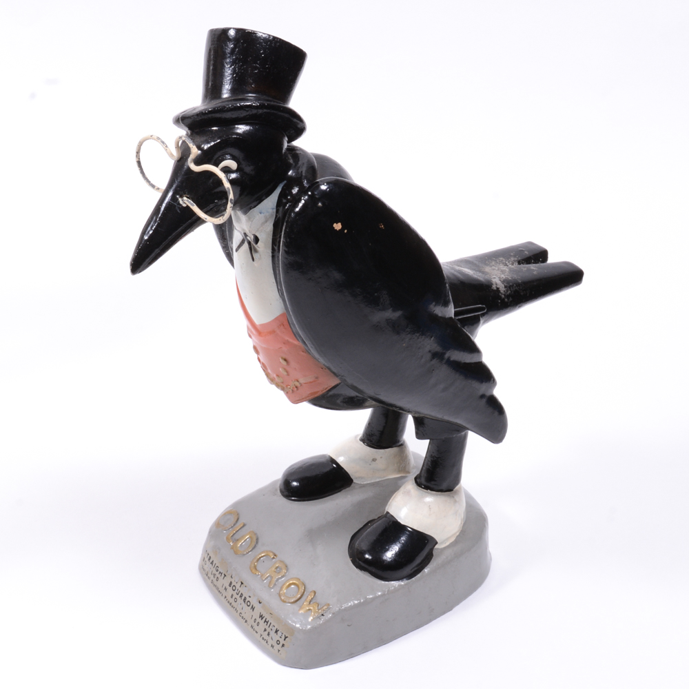 Vintage Old Crow Whiskey Bottles And Logo Figurine