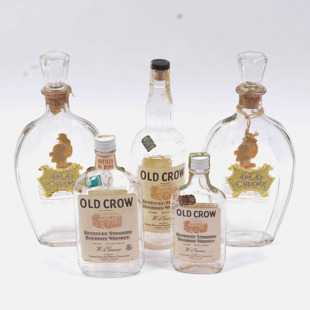 Vintage Old Crow Whiskey Bottles And Logo Figurine