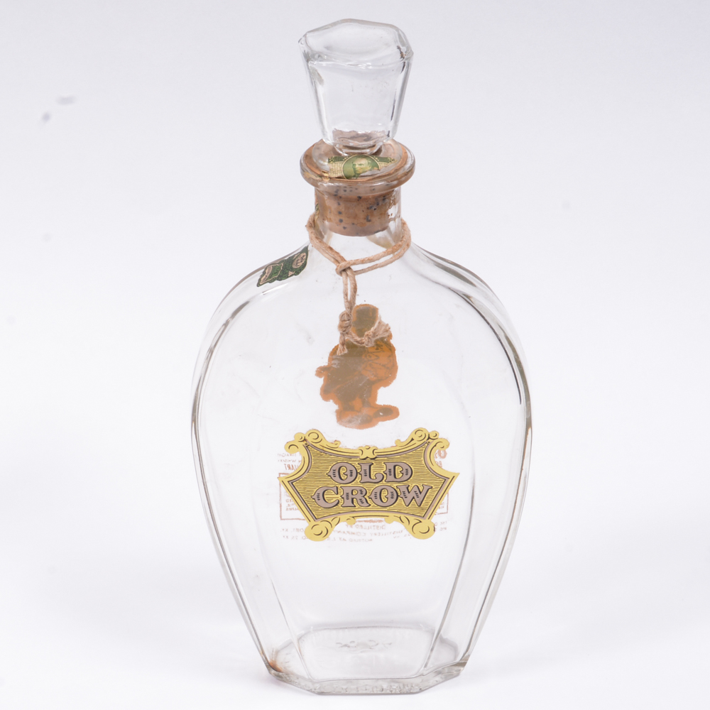 Vintage Old Crow Whiskey Bottles And Logo Figurine