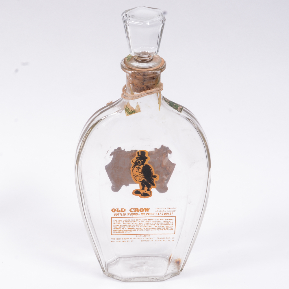 Vintage Old Crow Whiskey Bottles And Logo Figurine