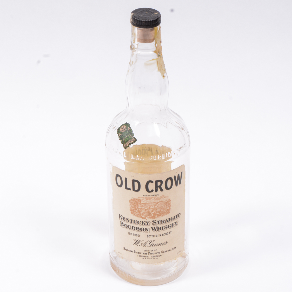 Vintage Old Crow Whiskey Bottles And Logo Figurine
